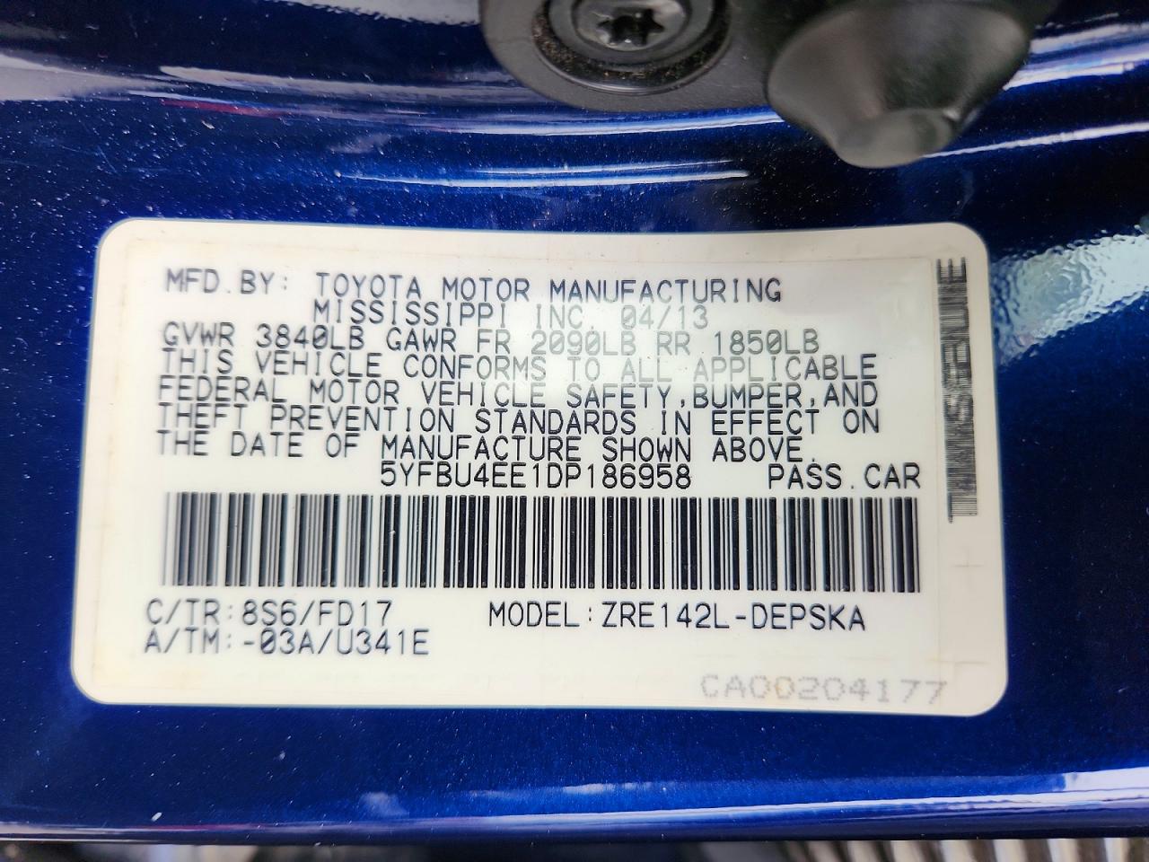 2013 Toyota Corolla S Blue vin: 5YFBU4EE1DP186958