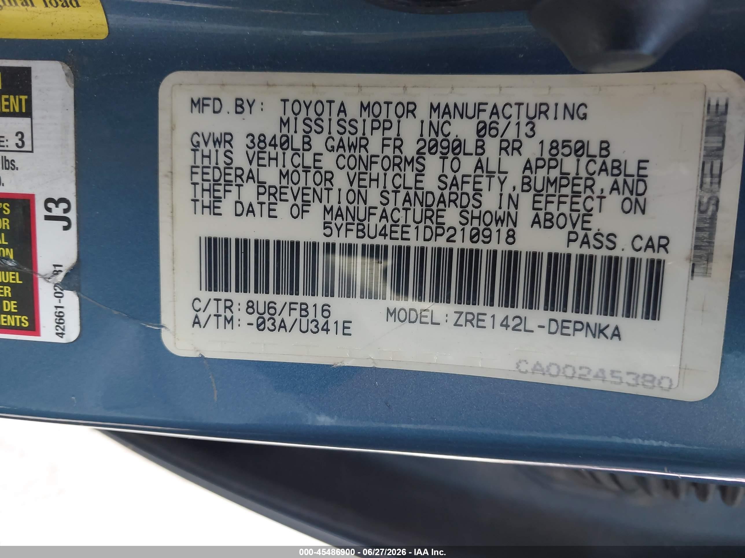 2013 Toyota Corolla Le Blue vin: 5YFBU4EE1DP210918