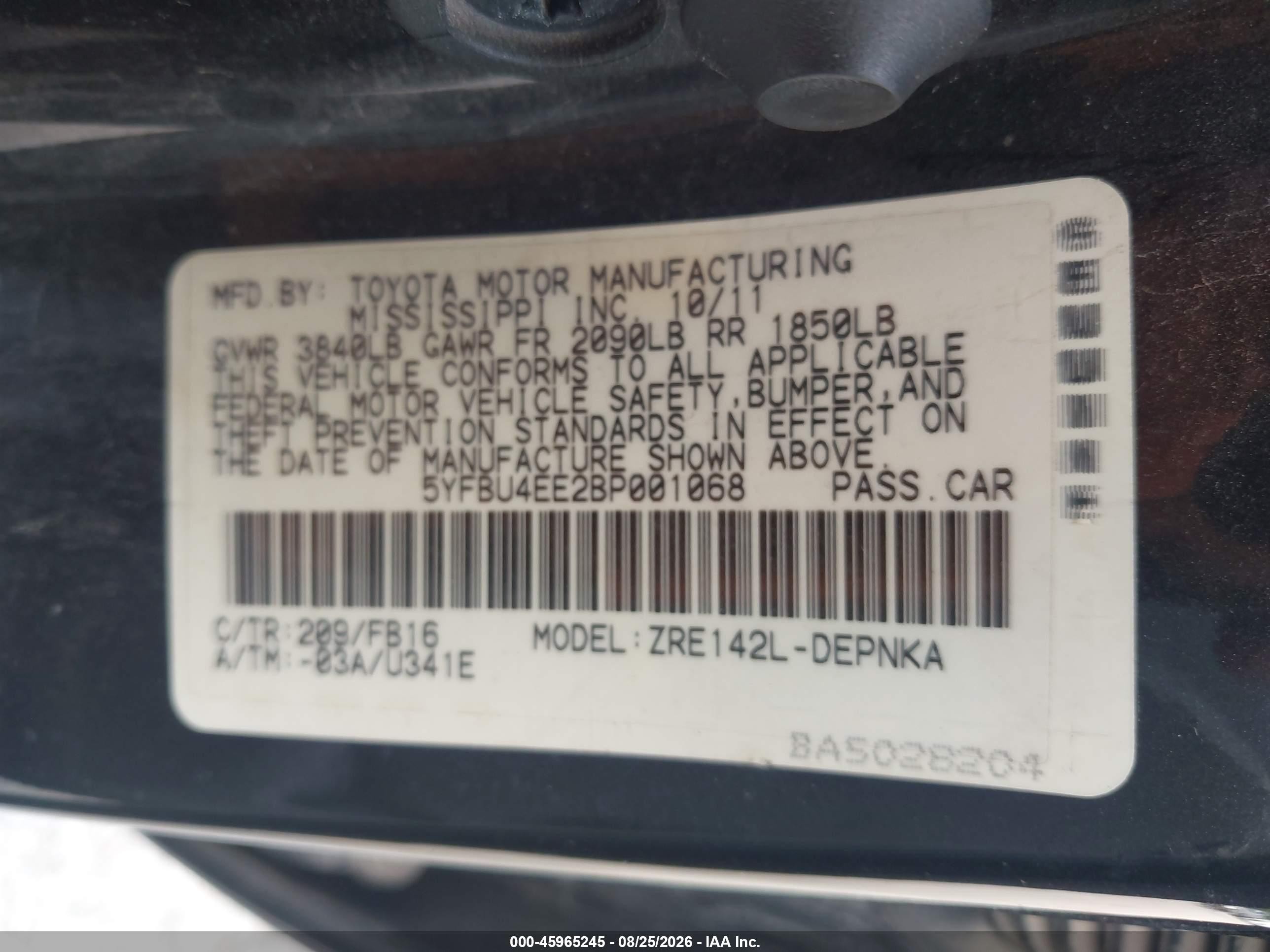 2011 Toyota Corolla Le Black vin: 5YFBU4EE2BP001068