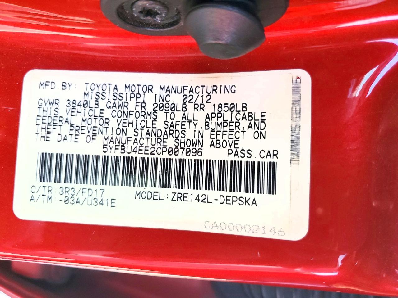 2012 Toyota Corolla S Red vin: 5YFBU4EE2CP007096