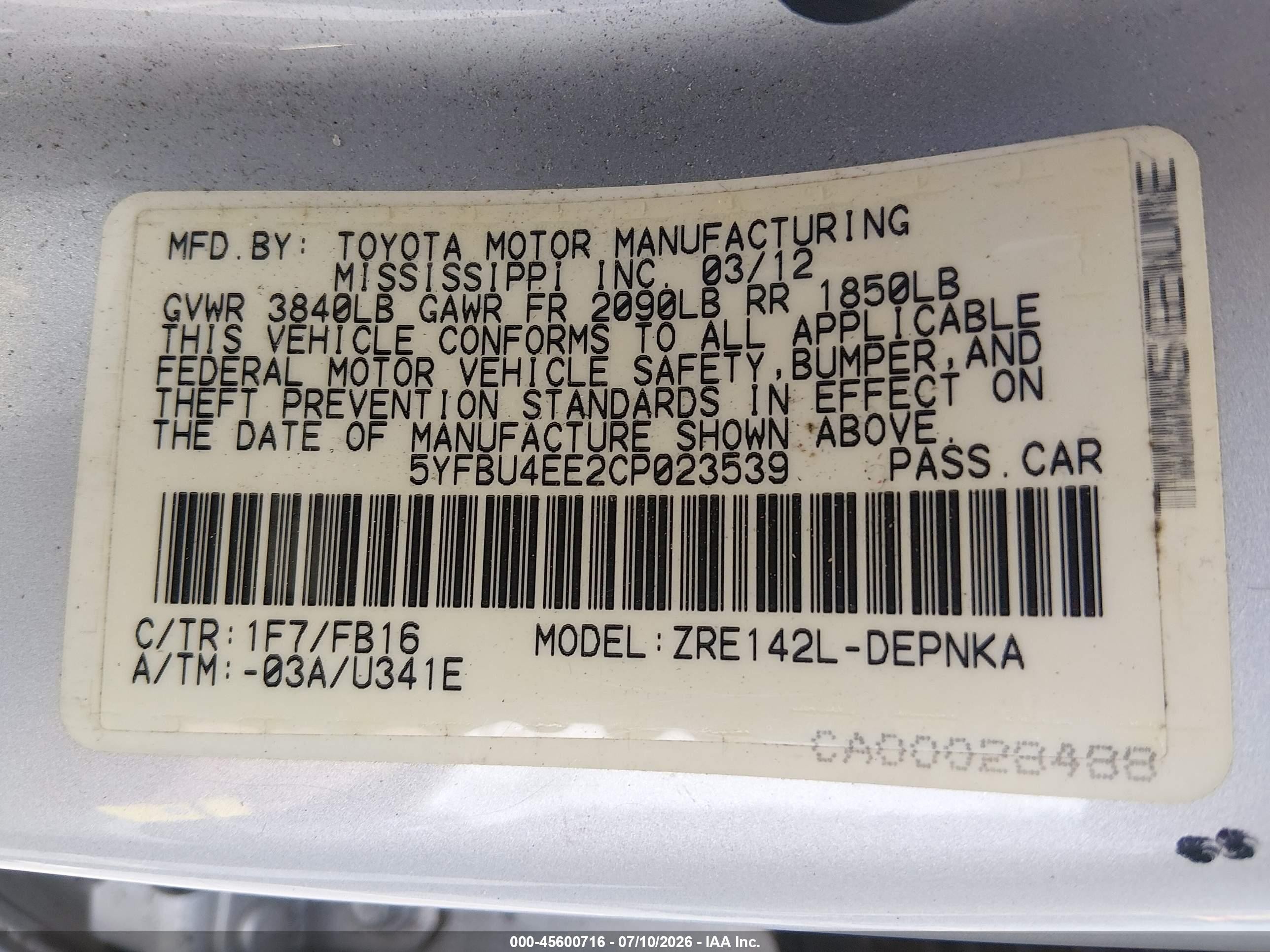 2012 Toyota Corolla Le Silver vin: 5YFBU4EE2CP023539