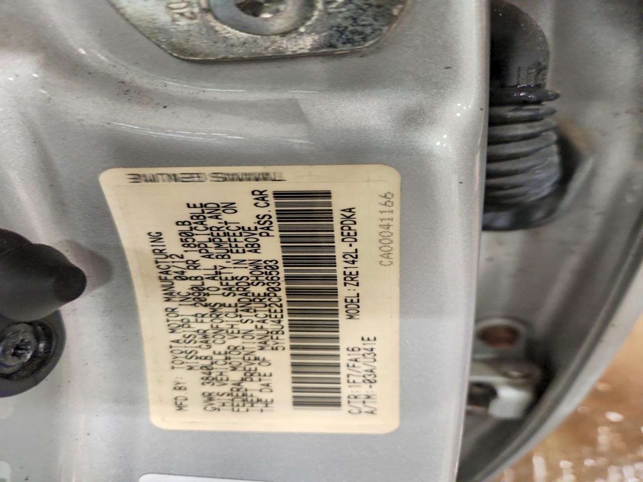 2012 Toyota Corolla L Gray vin: 5YFBU4EE2CP036503