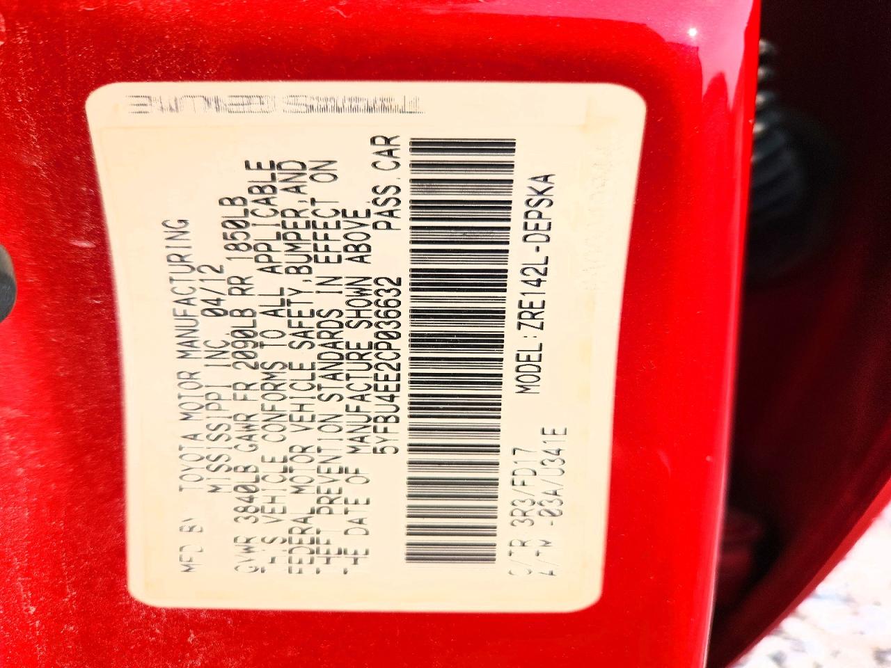2012 Toyota Corolla S Red vin: 5YFBU4EE2CP036632