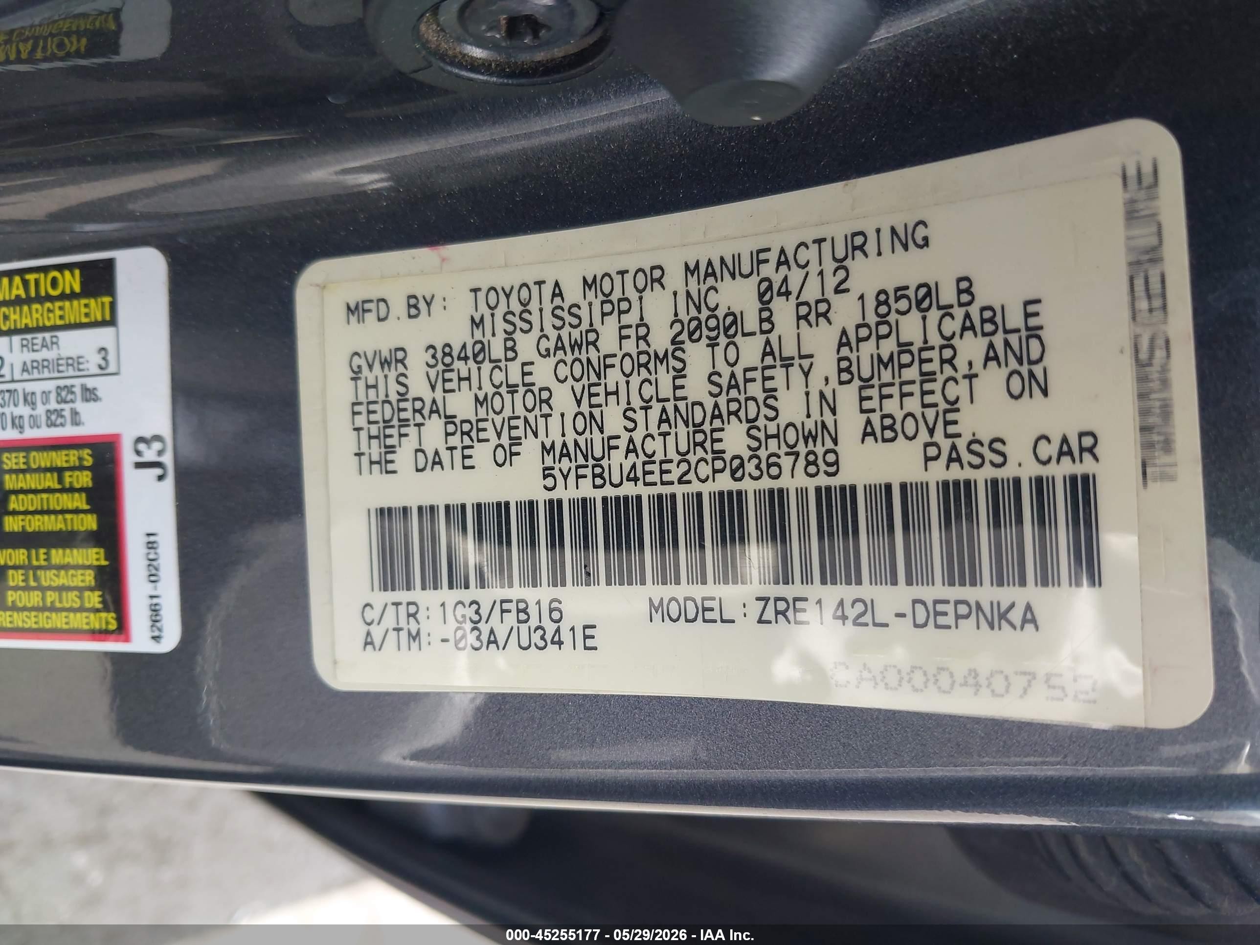 2012 Toyota Corolla Le Gray vin: 5YFBU4EE2CP036789