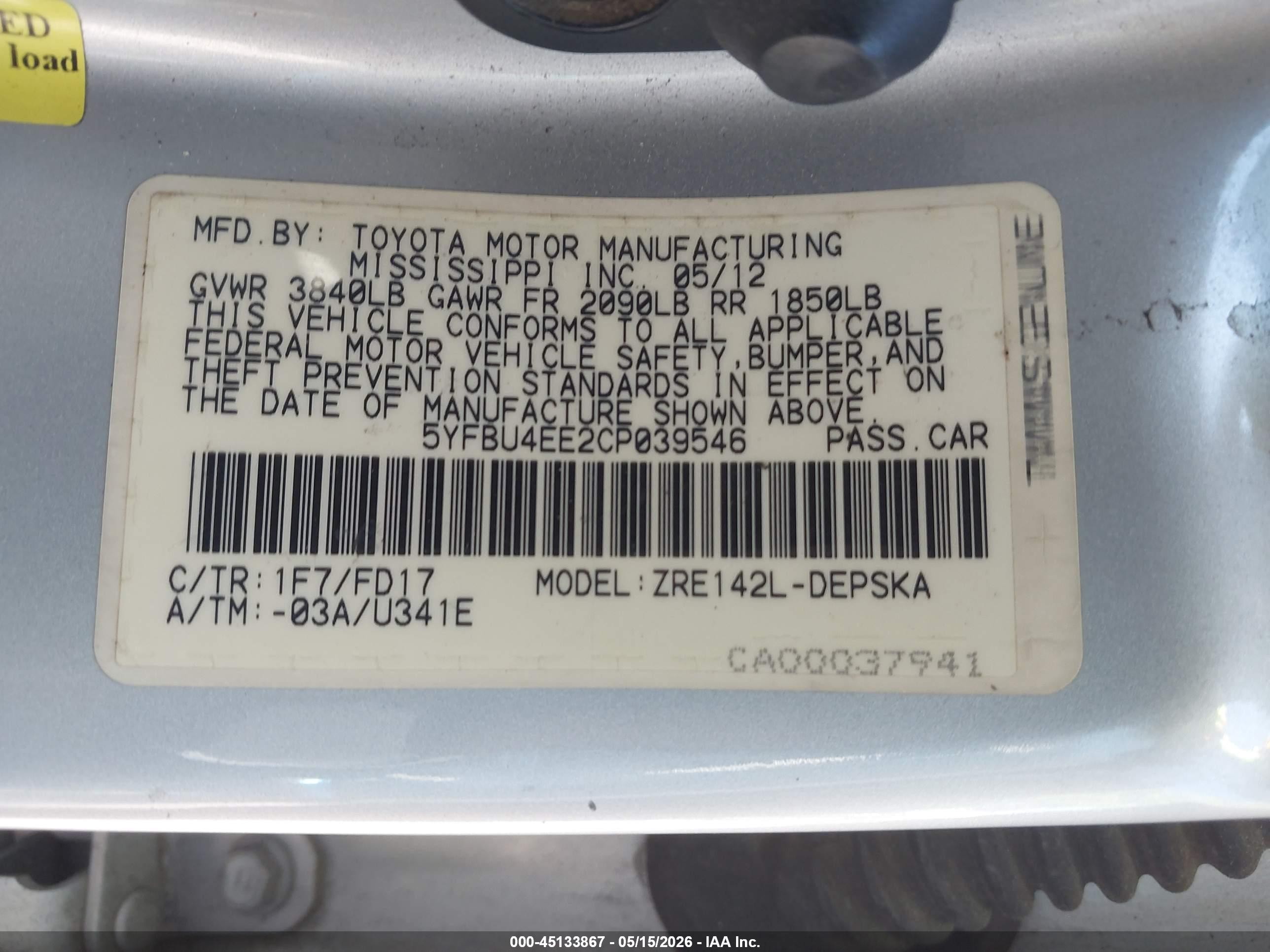 2012 Toyota Corolla S Silver vin: 5YFBU4EE2CP039546