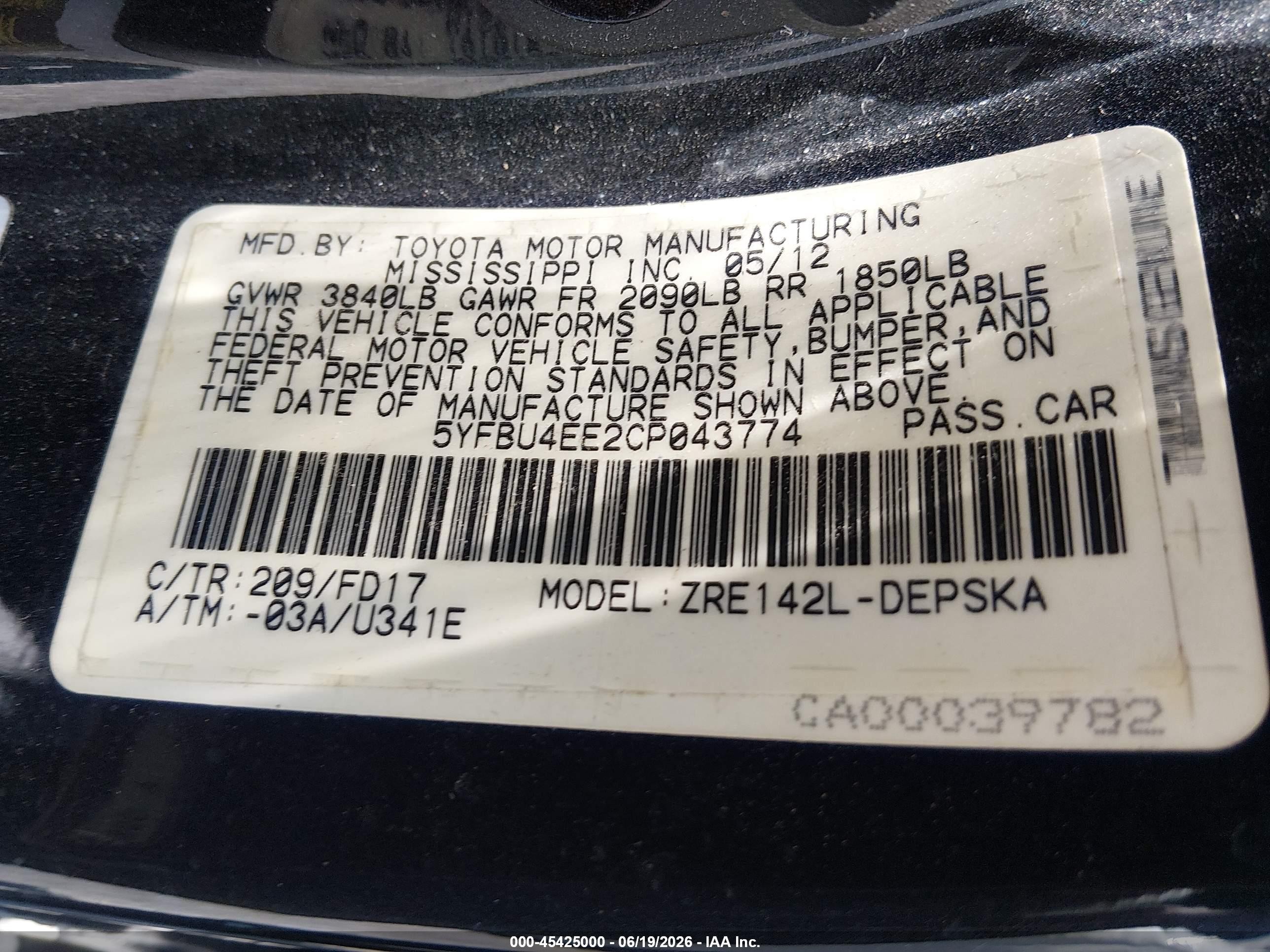 2012 Toyota Corolla S Черный vin: 5YFBU4EE2CP043774