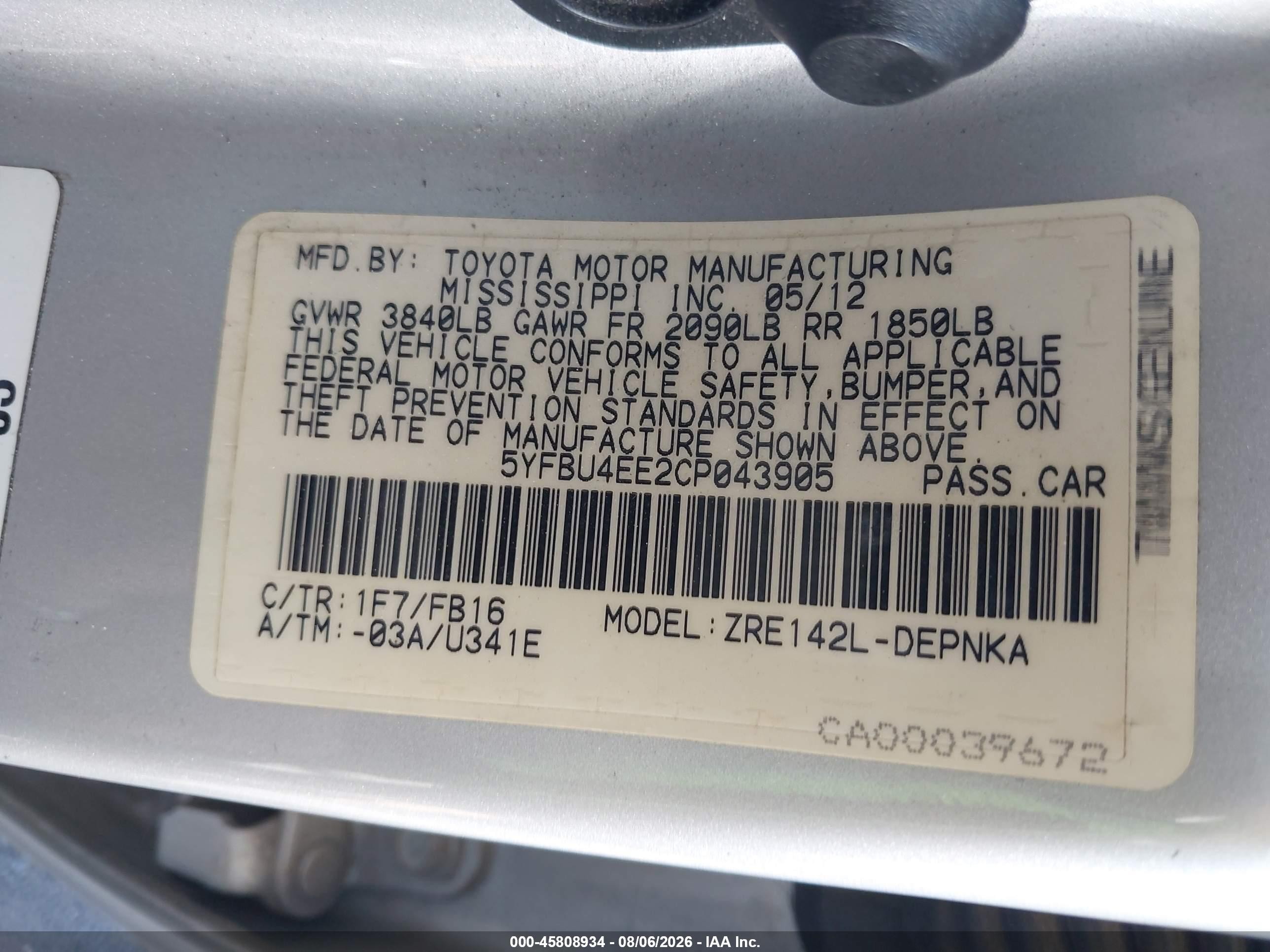 2012 Toyota Corolla S/le Silver vin: 5YFBU4EE2CP043905