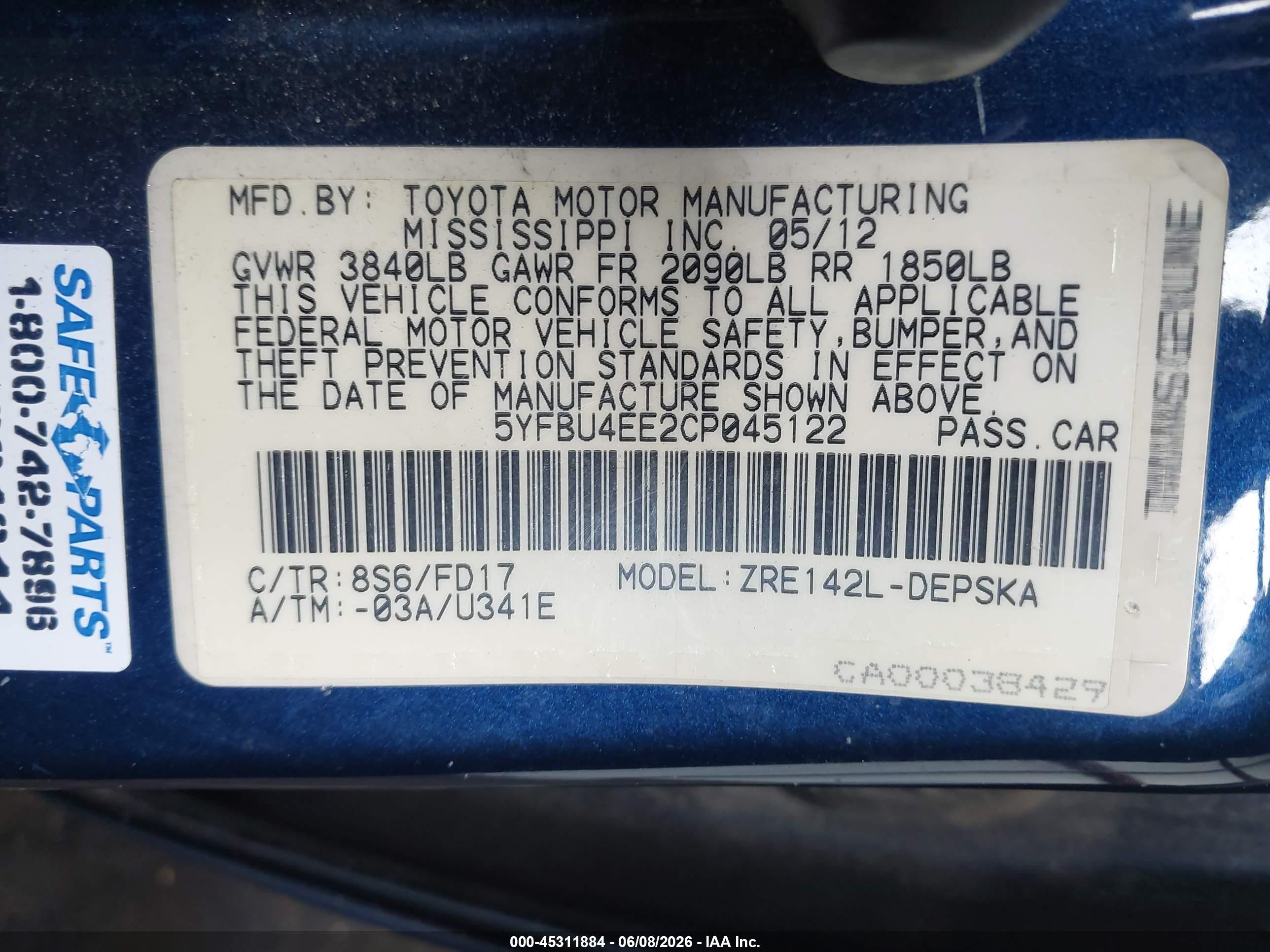 2012 Toyota Corolla S Blue vin: 5YFBU4EE2CP045122