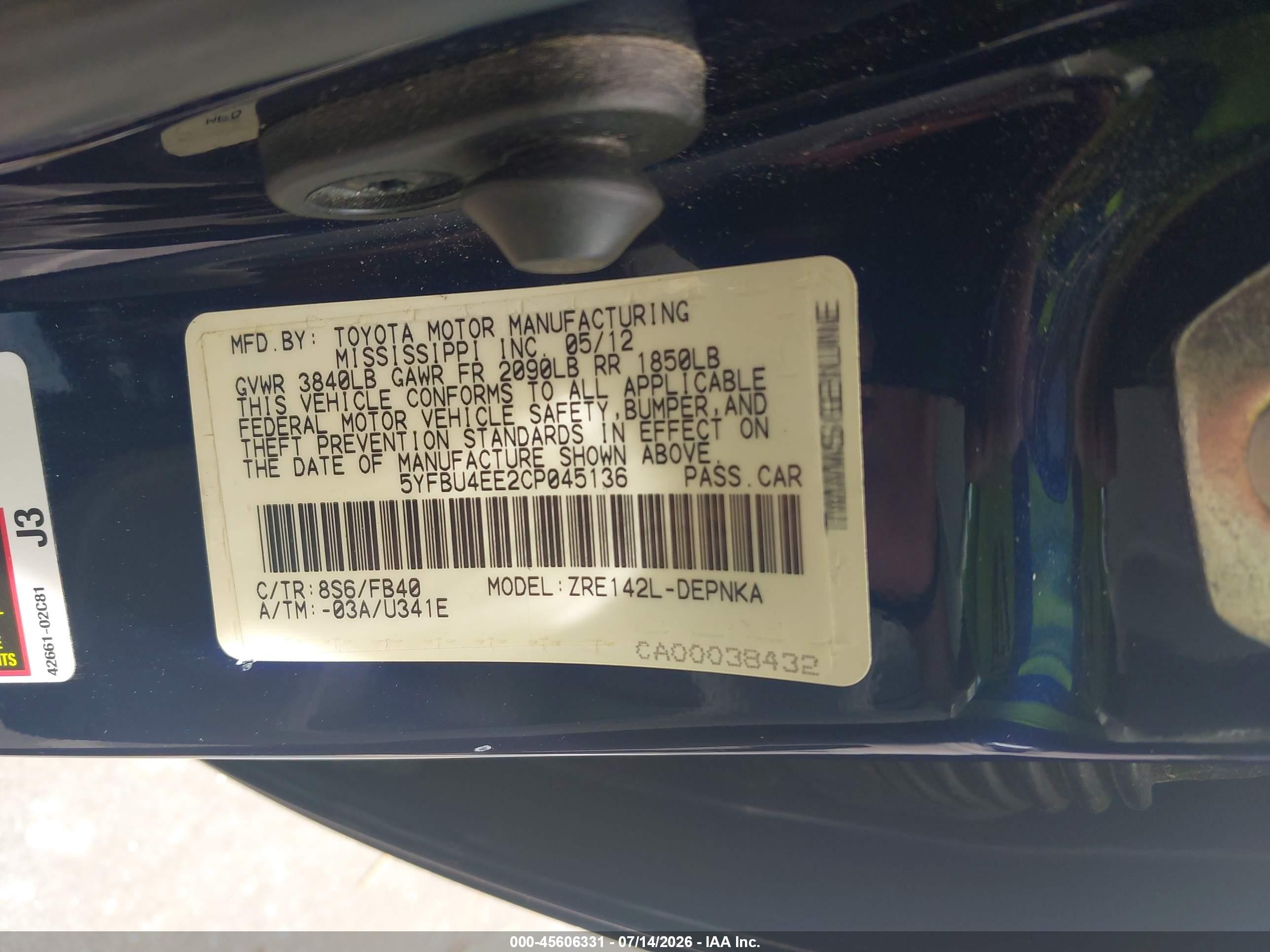 2012 Toyota Corolla Le Синий vin: 5YFBU4EE2CP045136