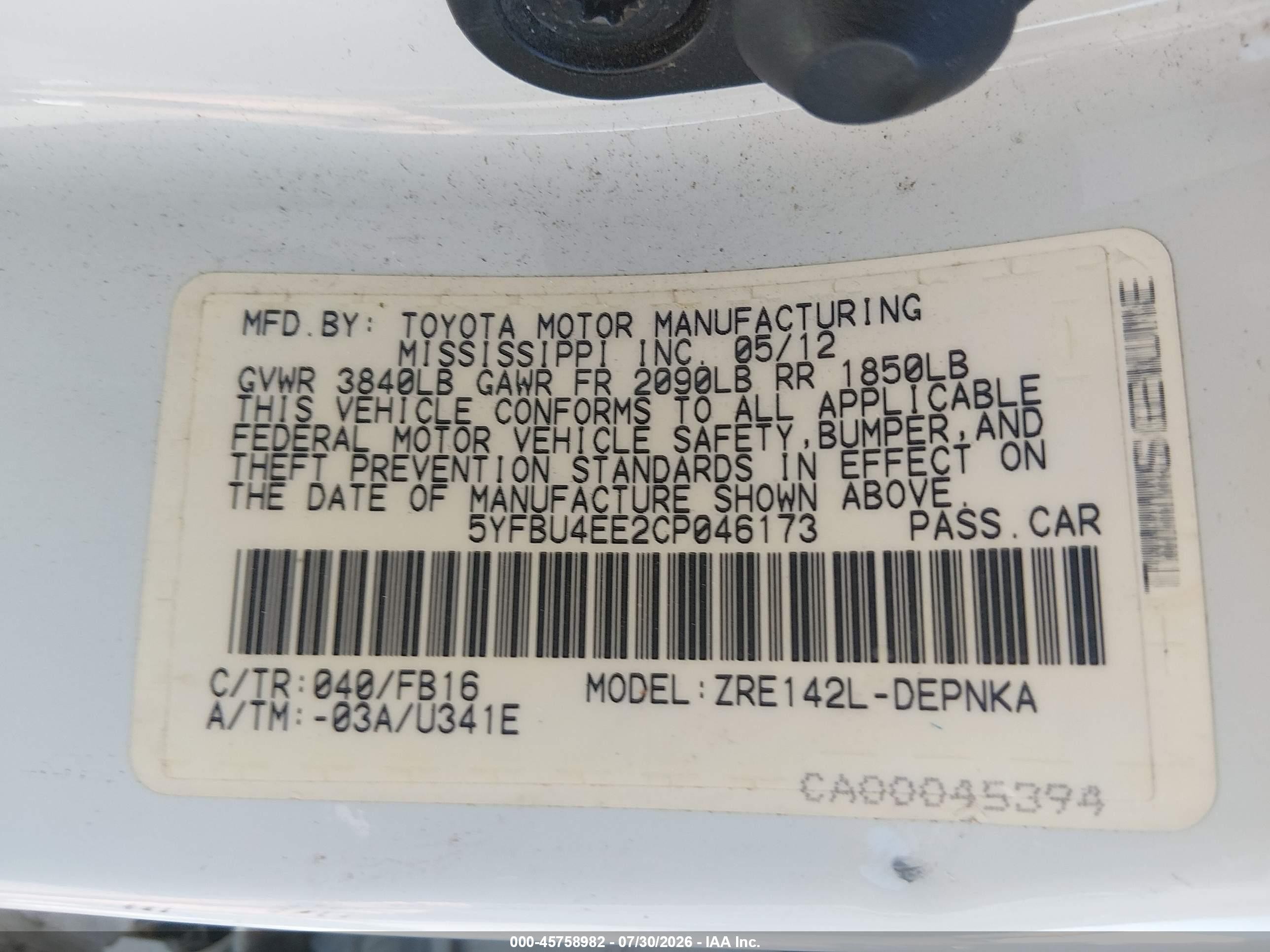 2012 Toyota Corolla Le White vin: 5YFBU4EE2CP046173