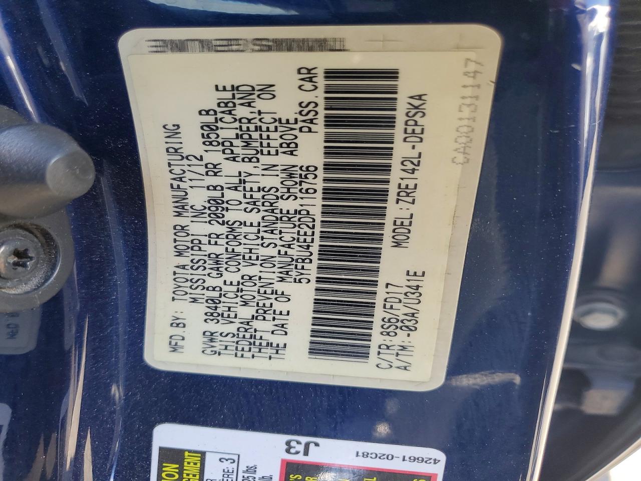 2013 Toyota Corolla S Blue vin: 5YFBU4EE2DP116756