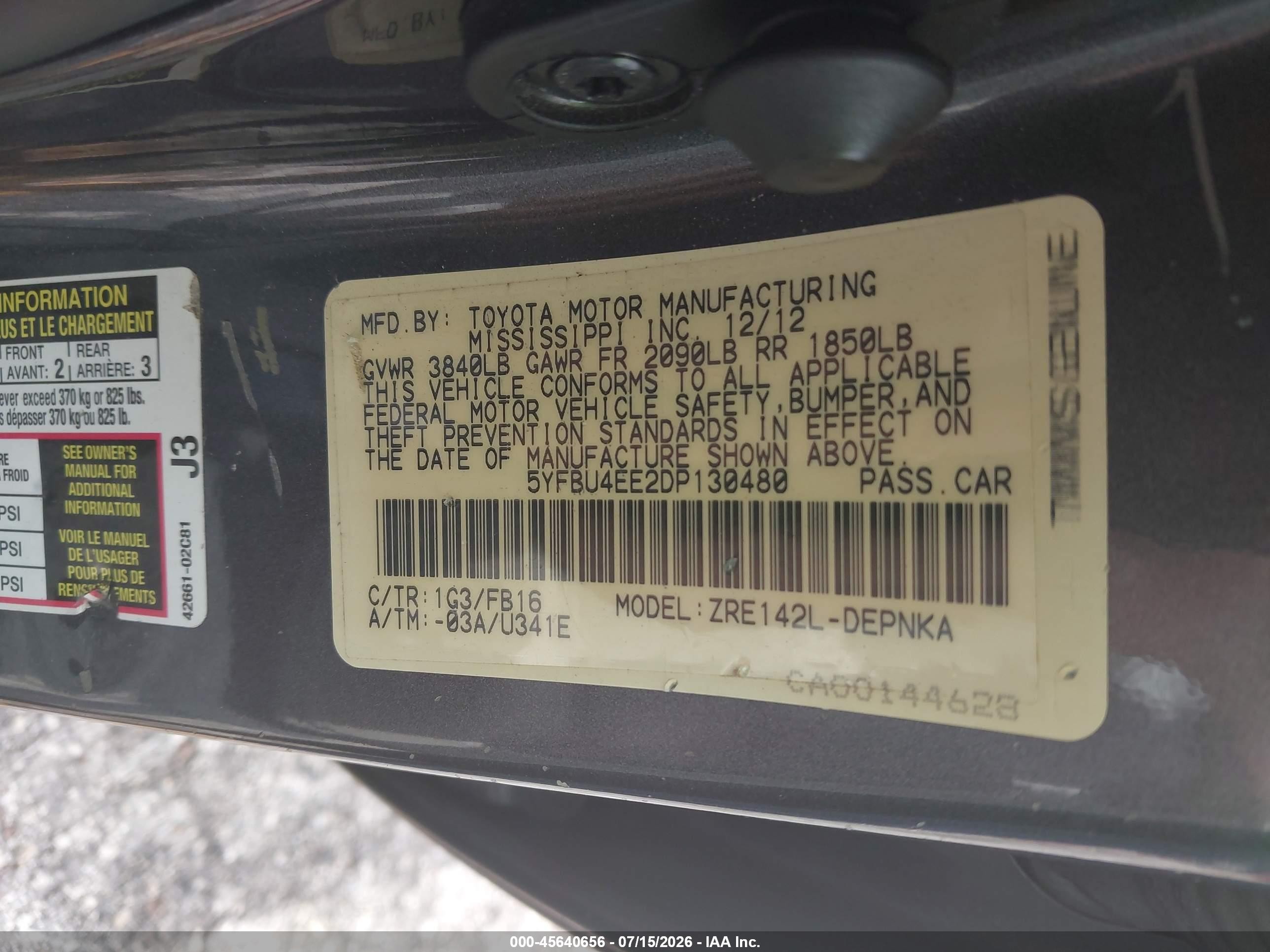 2013 Toyota Corolla Le Серый vin: 5YFBU4EE2DP130480