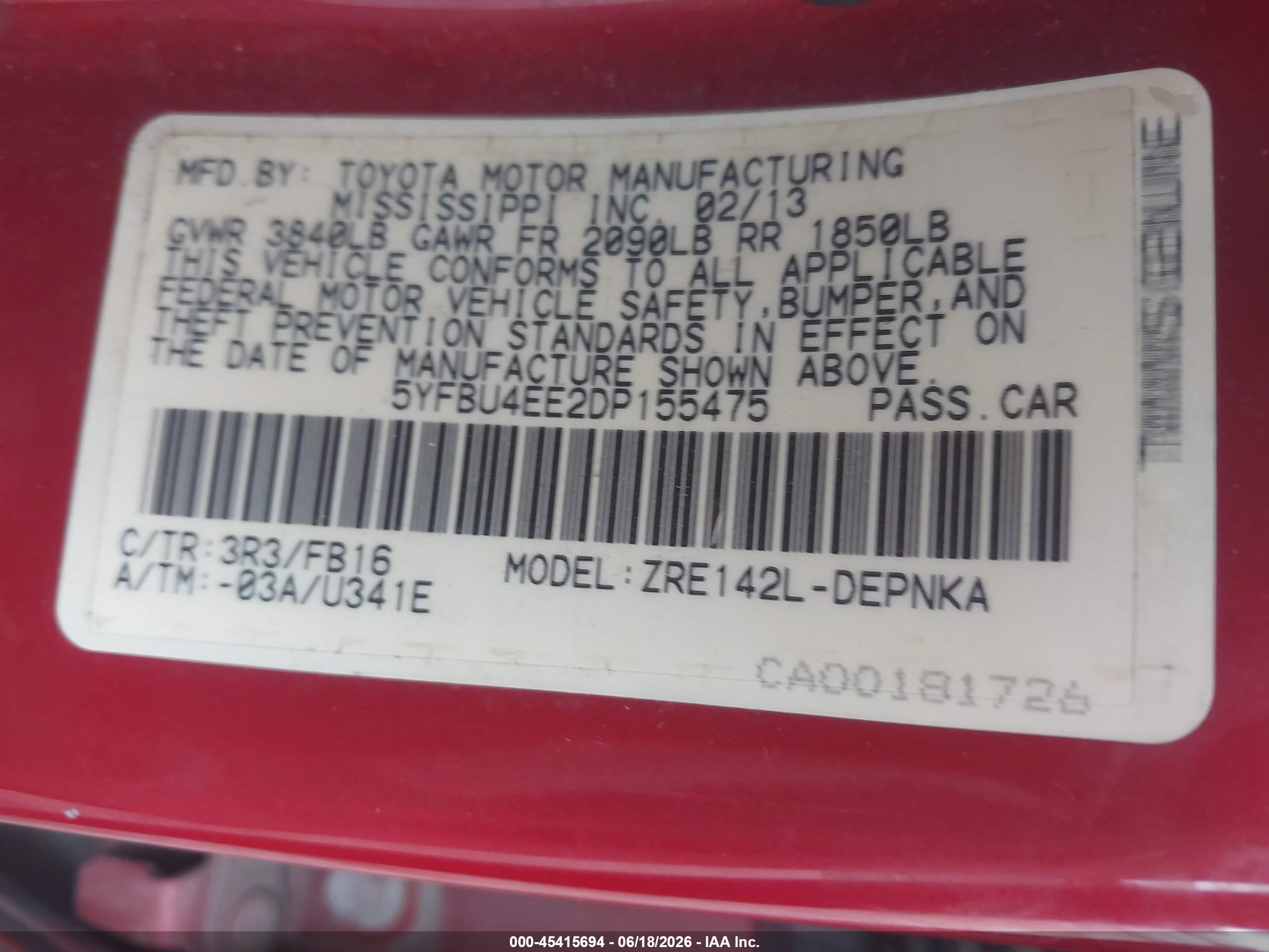 2013 Toyota Corolla Le Red vin: 5YFBU4EE2DP155475