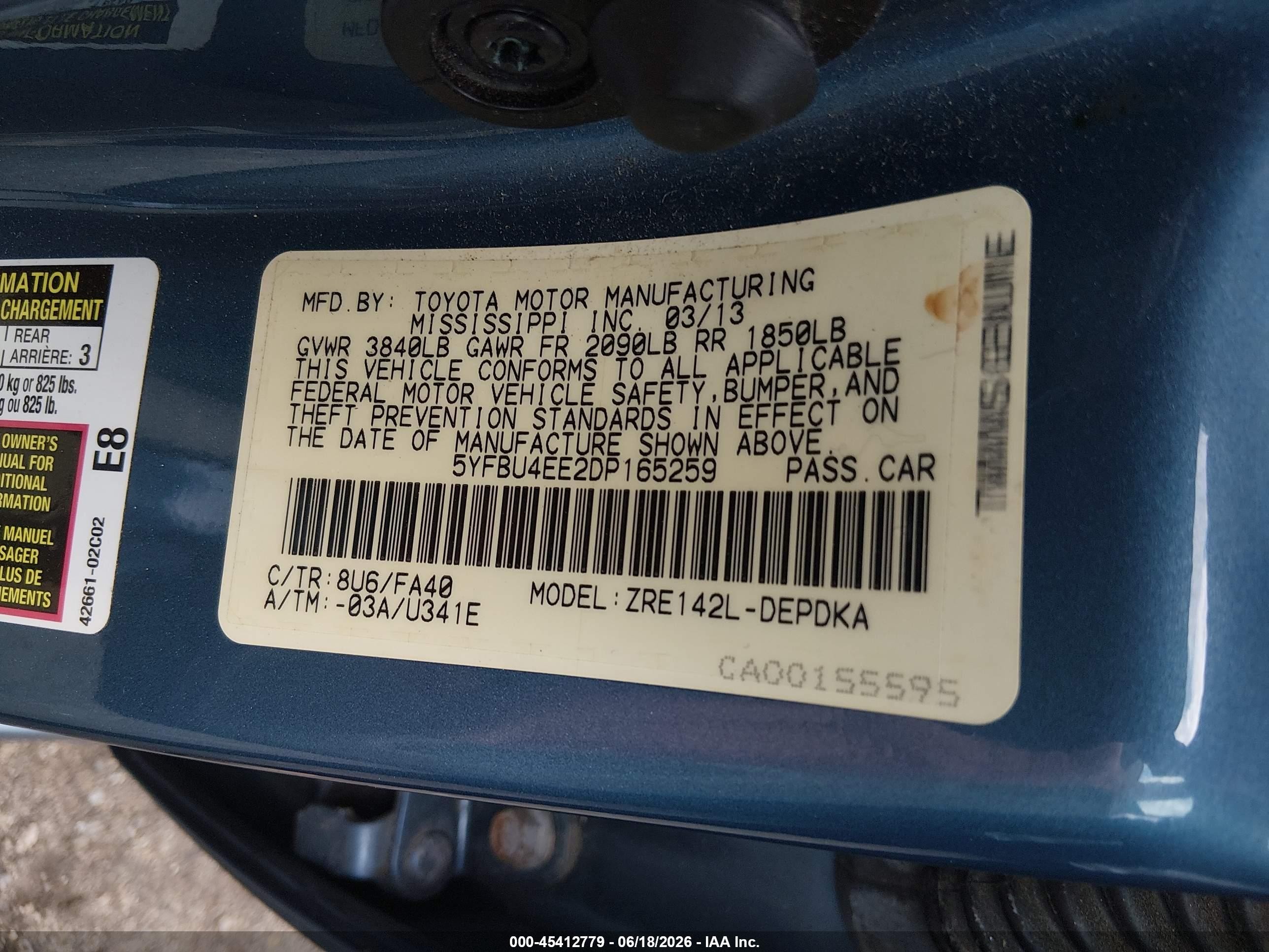2013 Toyota Corolla L Blue vin: 5YFBU4EE2DP165259