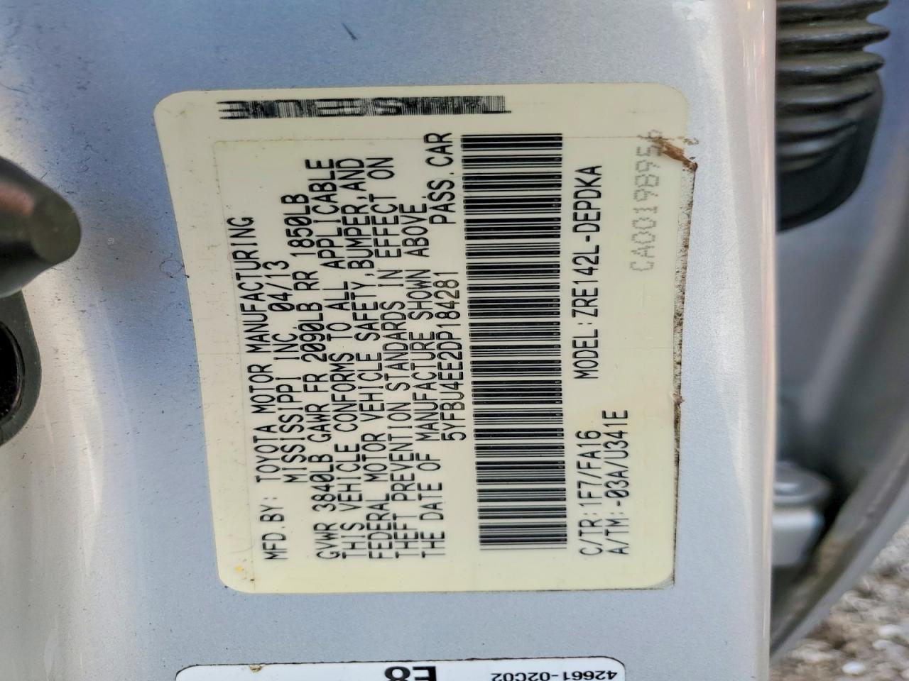 2013 Toyota Corolla L Silver vin: 5YFBU4EE2DP184281