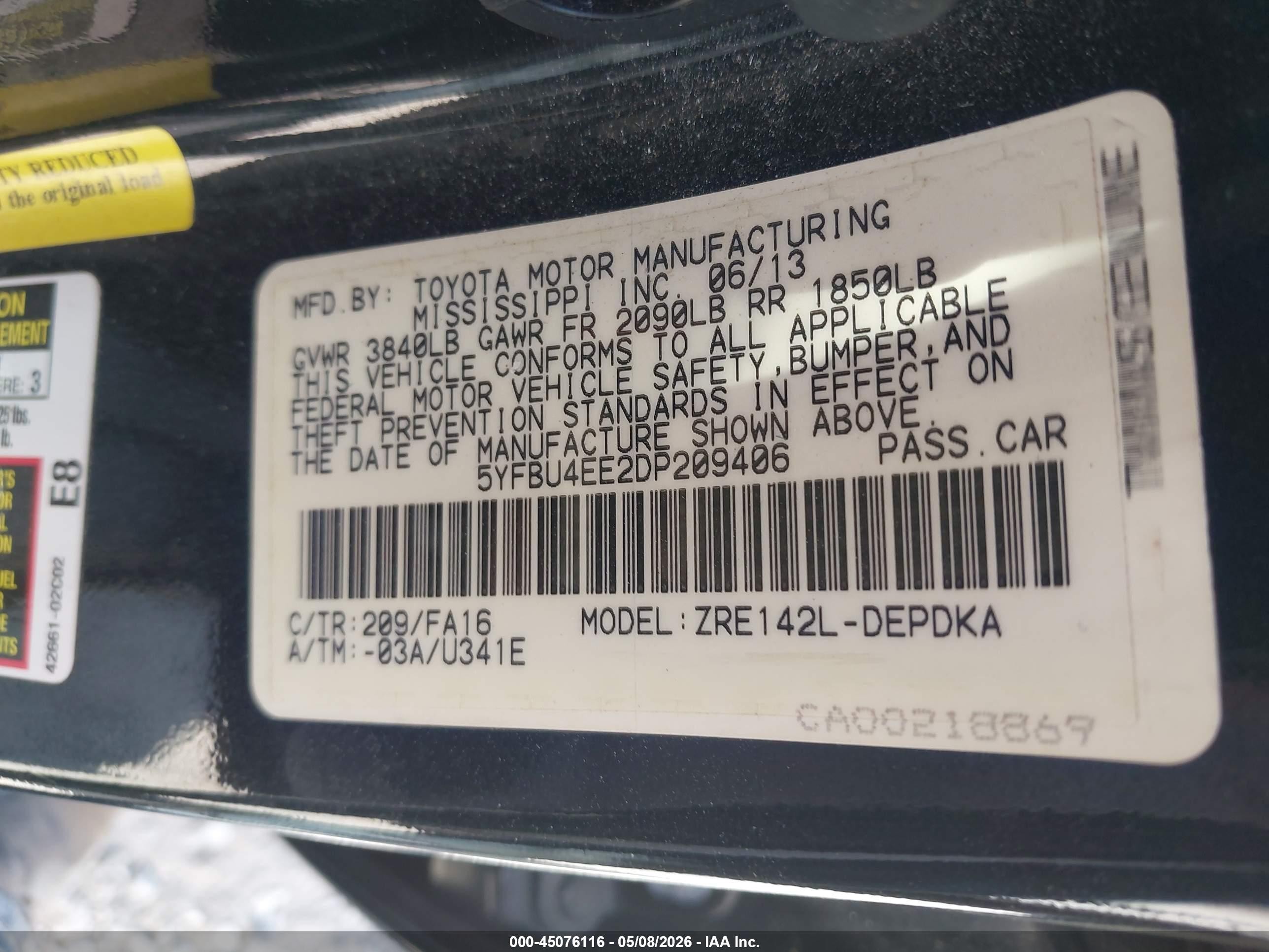 2013 Toyota Corolla L Black vin: 5YFBU4EE2DP209406