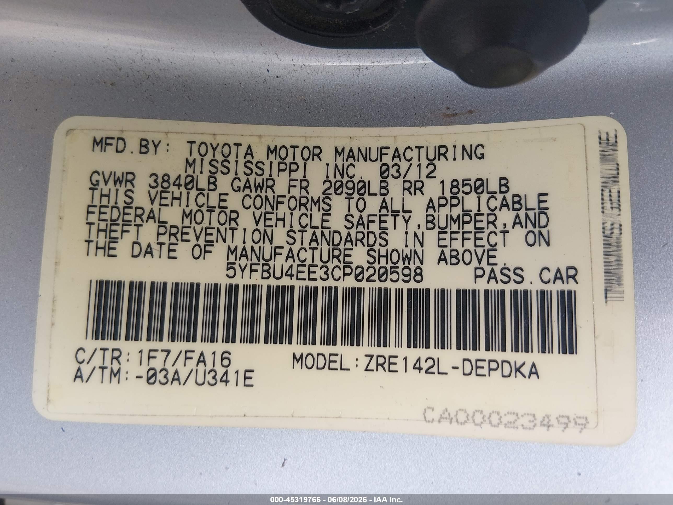 2012 Toyota Corolla L Gray vin: 5YFBU4EE3CP020598