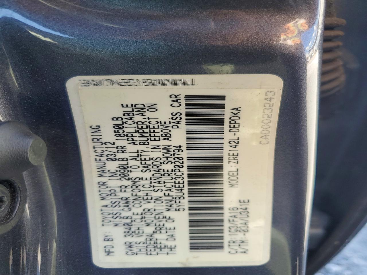 2012 Toyota Corolla L Gray vin: 5YFBU4EE3CP020794