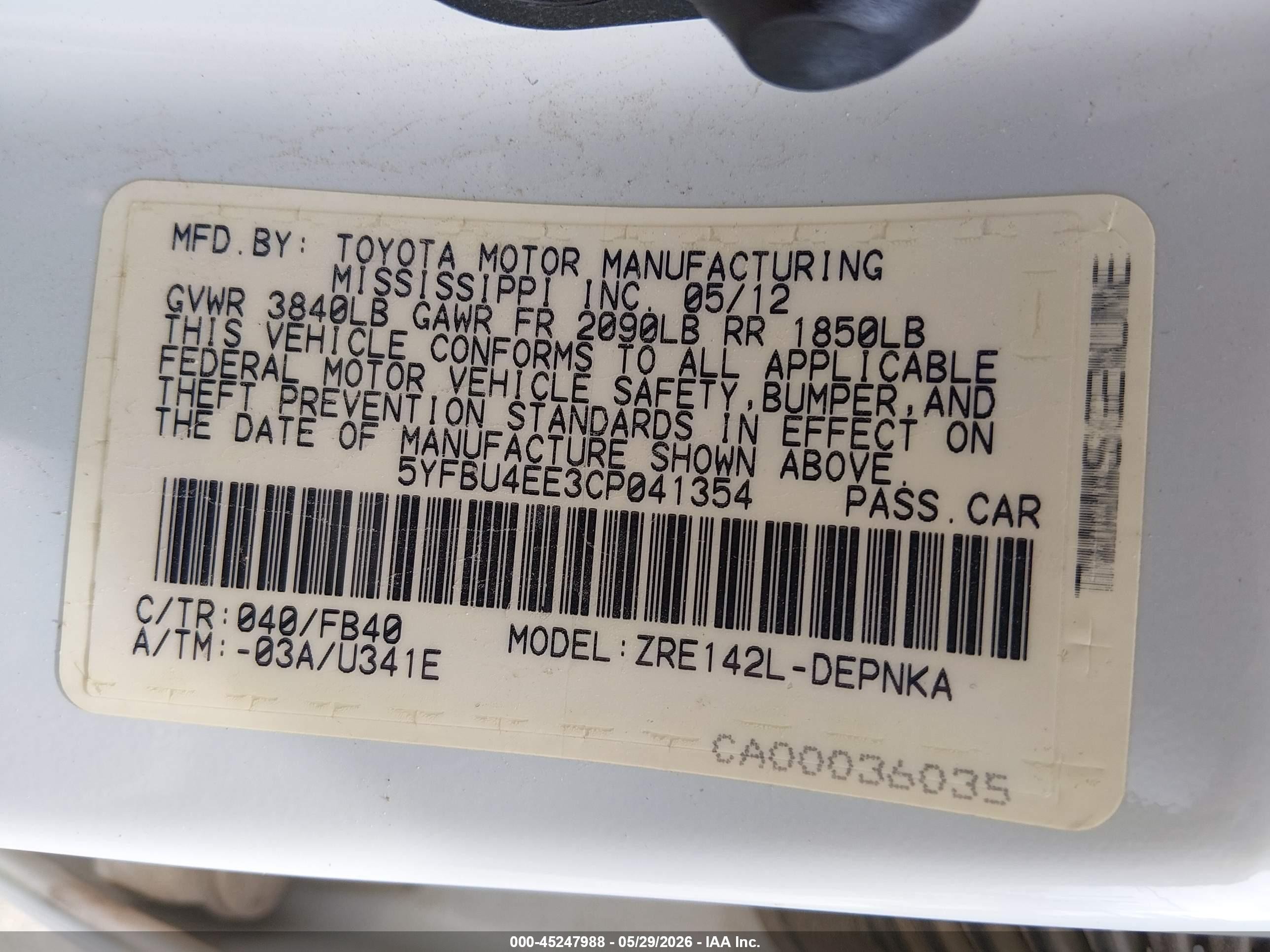 2012 Toyota Corolla Le White vin: 5YFBU4EE3CP041354