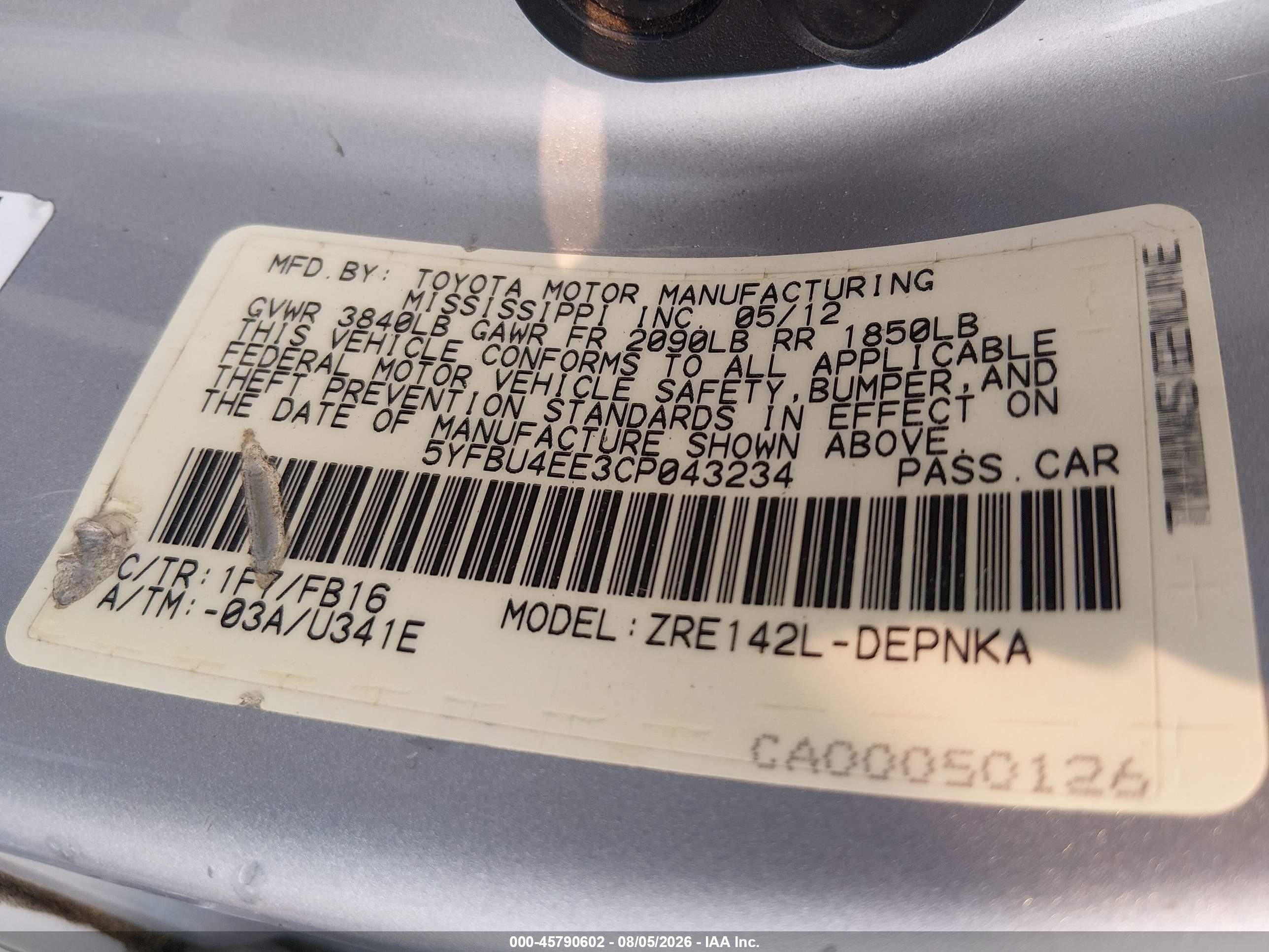 2012 Toyota Corolla Le Silver vin: 5YFBU4EE3CP043234
