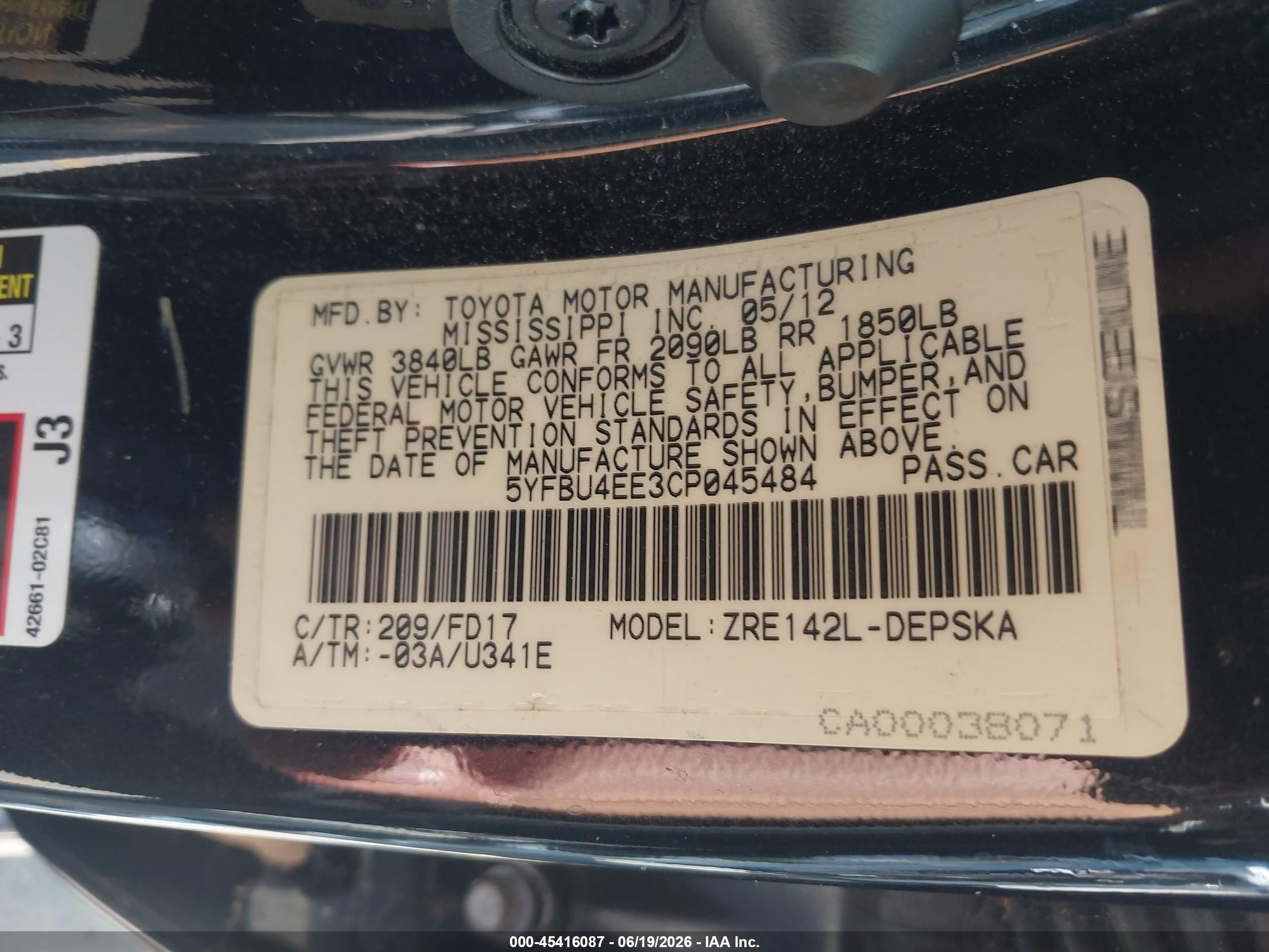2012 Toyota Corolla S Black vin: 5YFBU4EE3CP045484