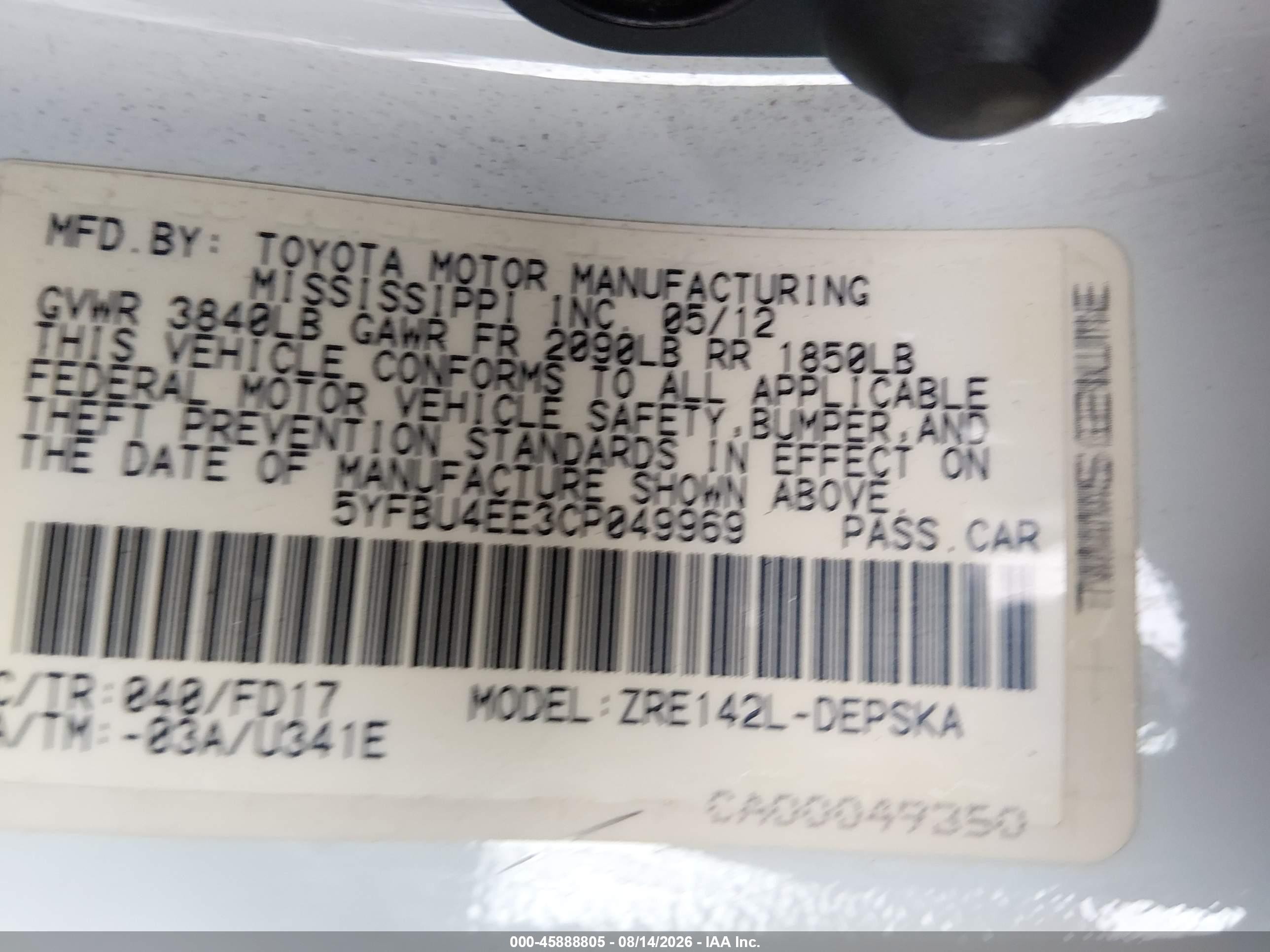 2012 Toyota Corolla S White vin: 5YFBU4EE3CP049969