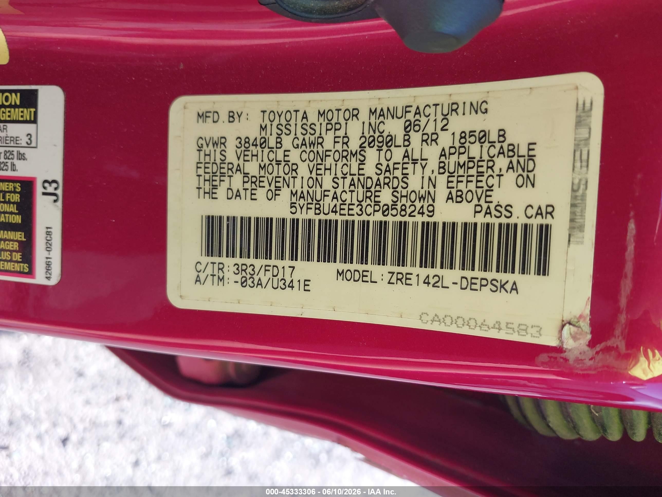 2012 Toyota Corolla S Red vin: 5YFBU4EE3CP058249