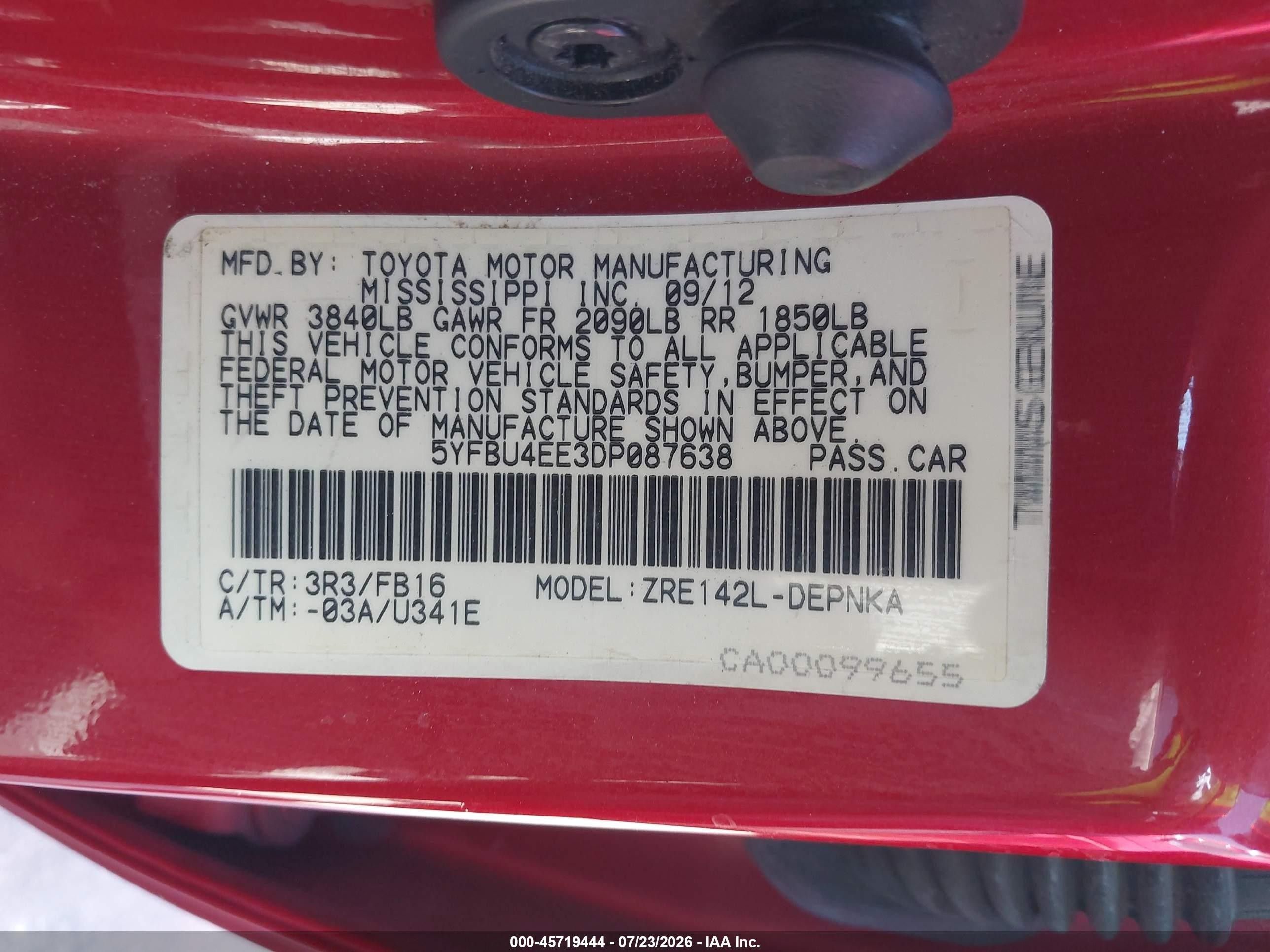 2013 Toyota Corolla Le Red vin: 5YFBU4EE3DP087638