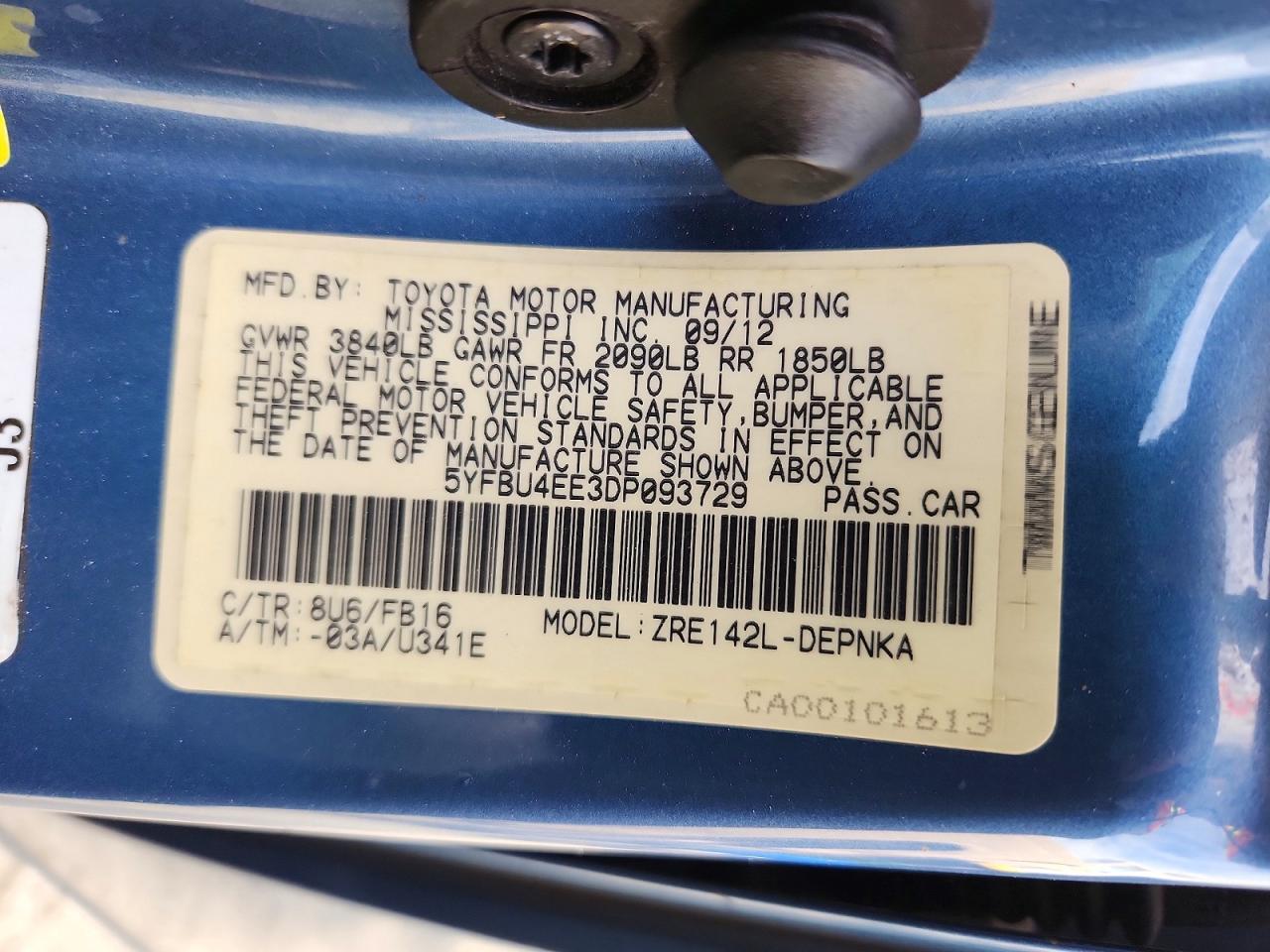 2013 Toyota Corolla Le Blue vin: 5YFBU4EE3DP093729