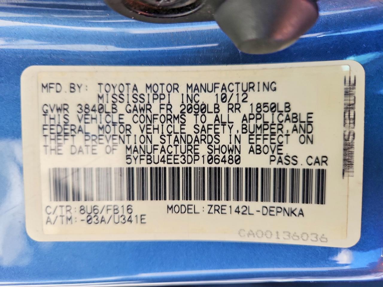 2013 Toyota Corolla Le Blue vin: 5YFBU4EE3DP106480