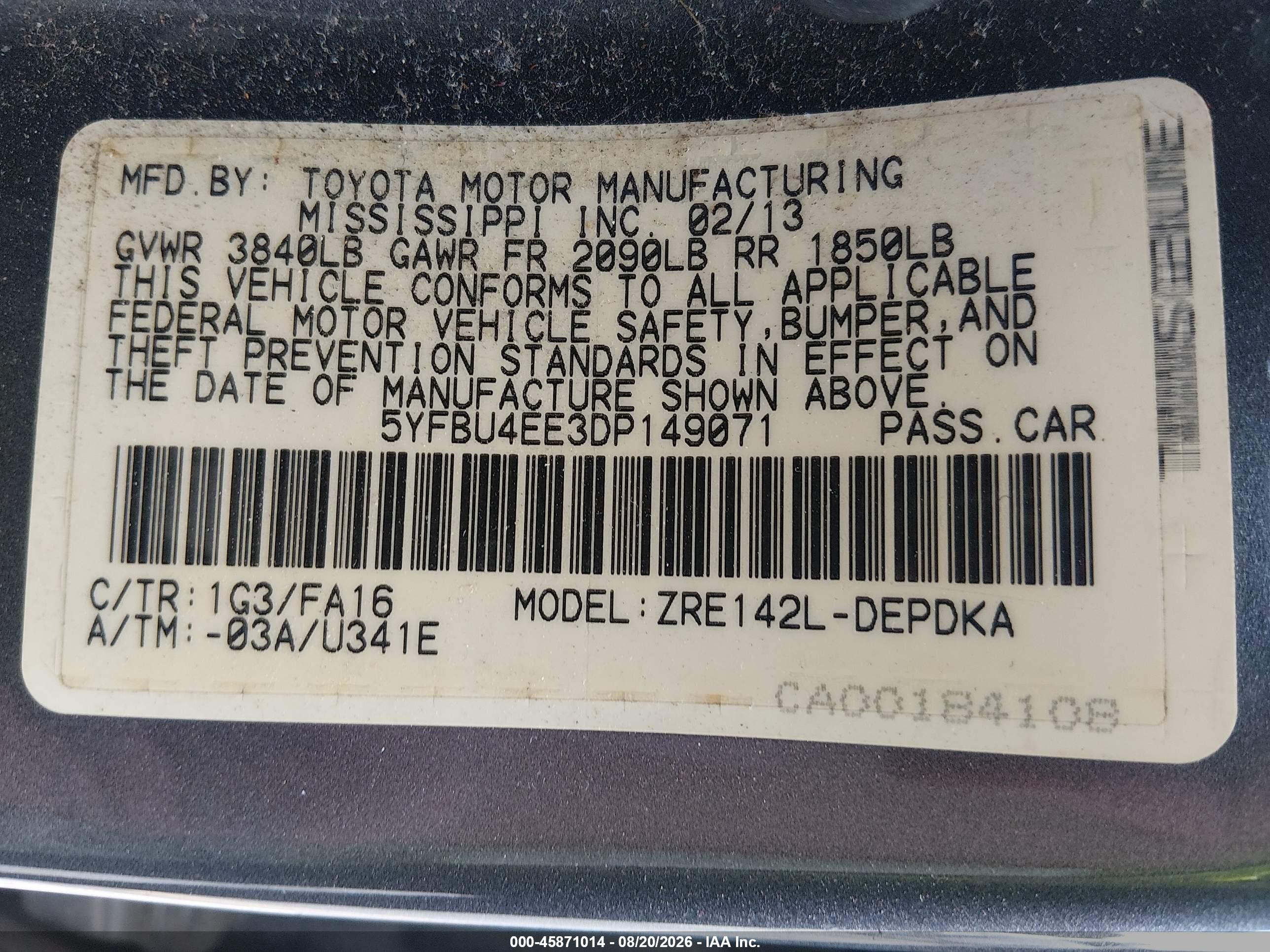 2013 Toyota Corolla L Gray vin: 5YFBU4EE3DP149071