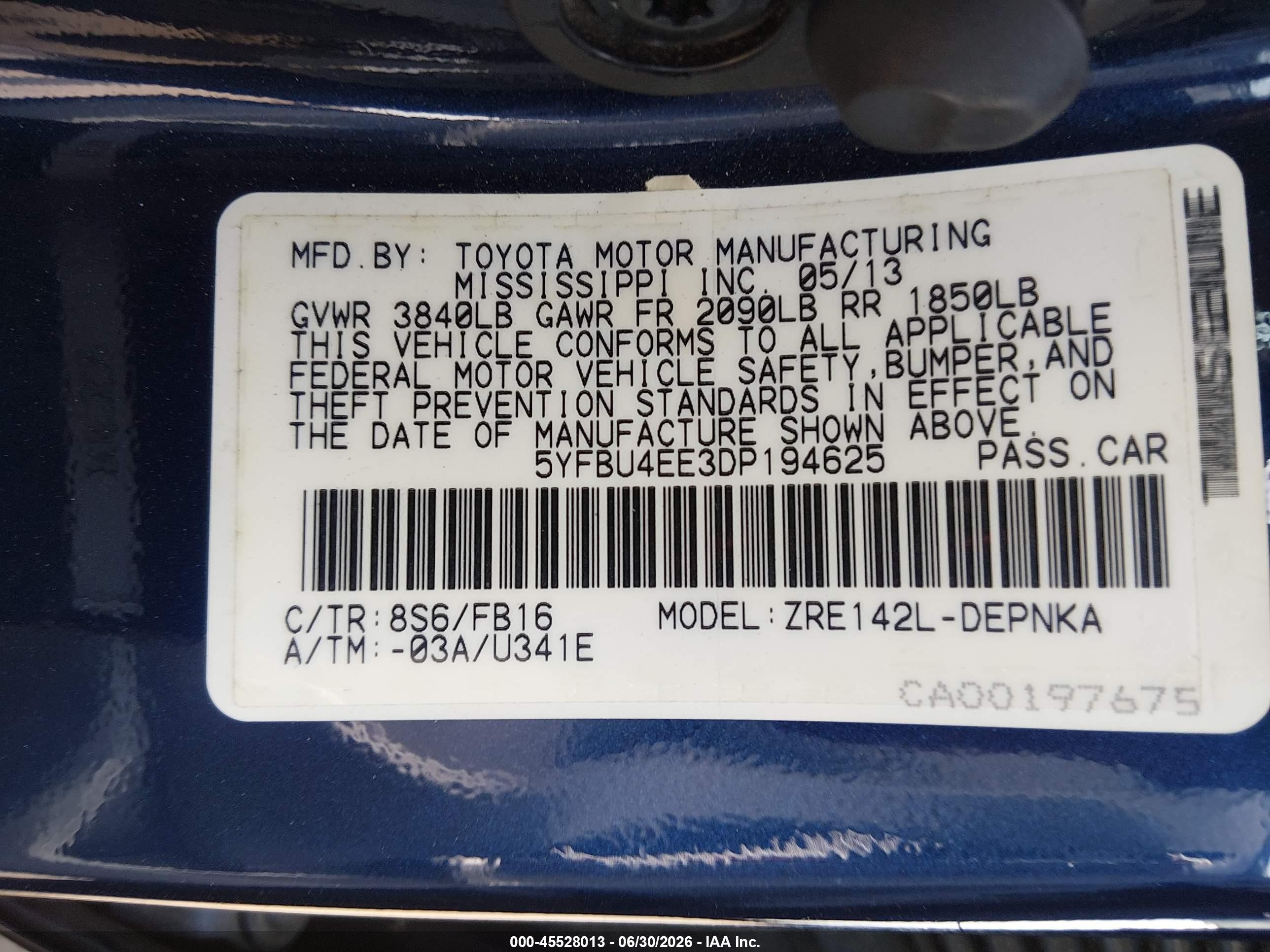 2013 Toyota Corolla Le Blue vin: 5YFBU4EE3DP194625