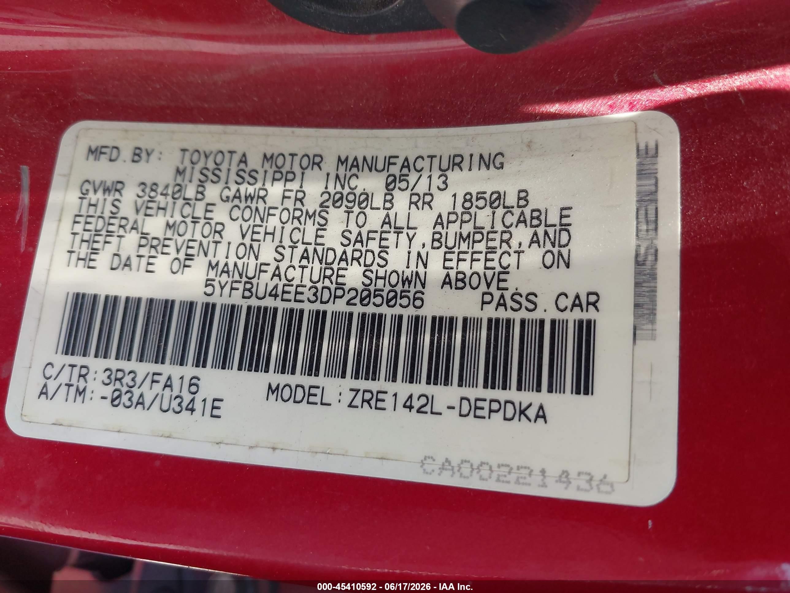 2013 Toyota Corolla L Red vin: 5YFBU4EE3DP205056