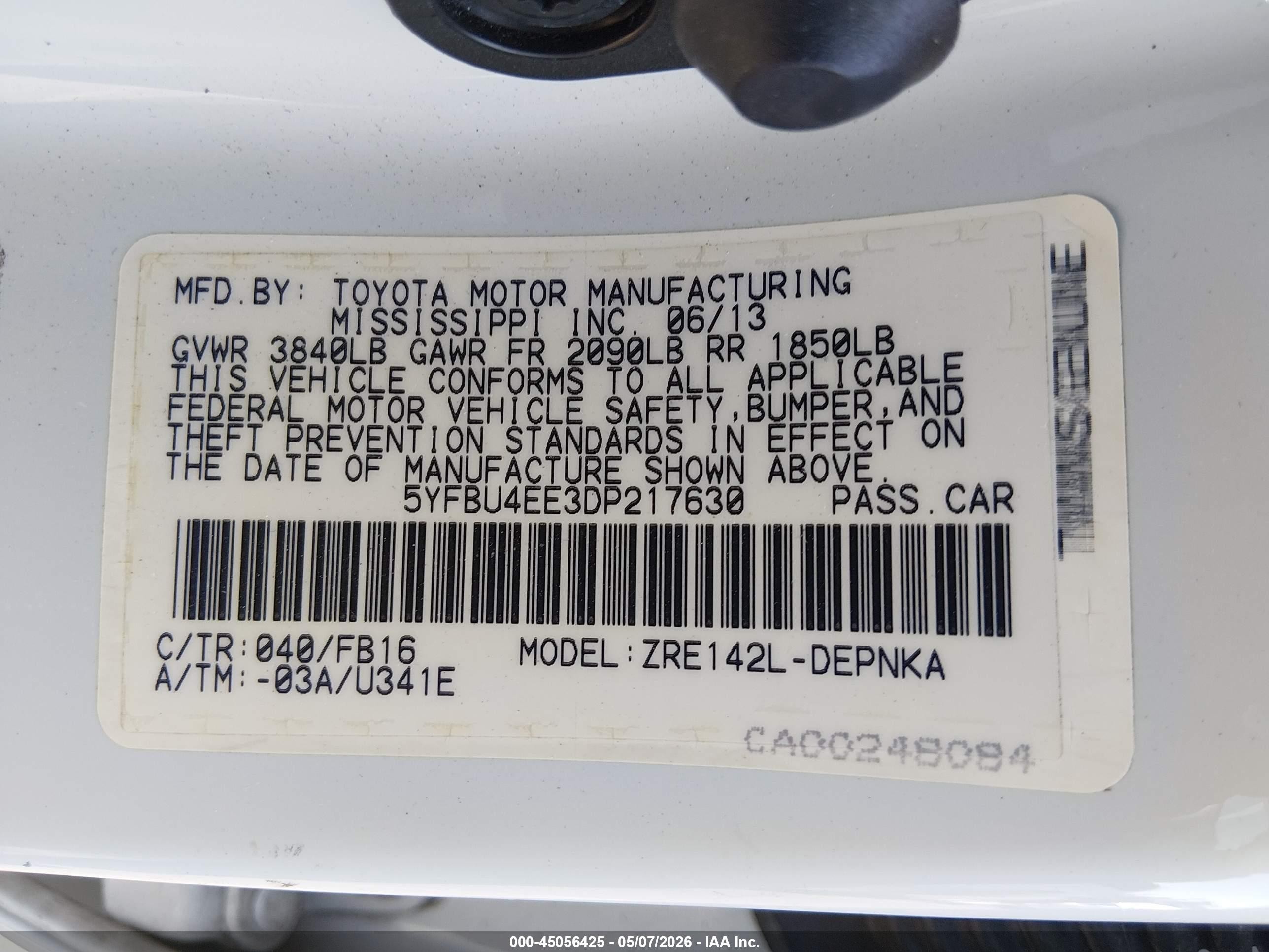 2013 Toyota Corolla Le White vin: 5YFBU4EE3DP217630