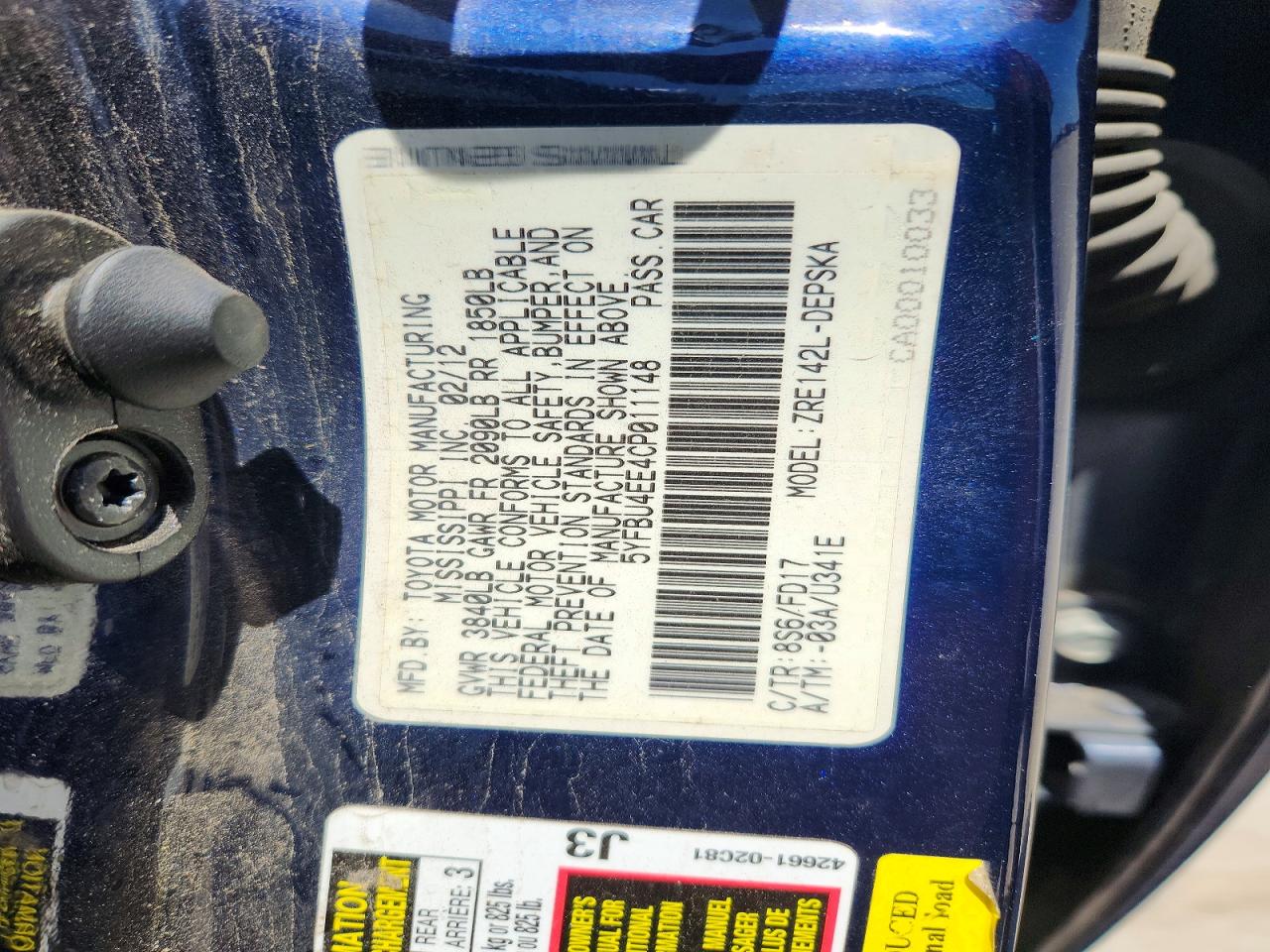 2012 Toyota Corolla S Blue vin: 5YFBU4EE4CP011148