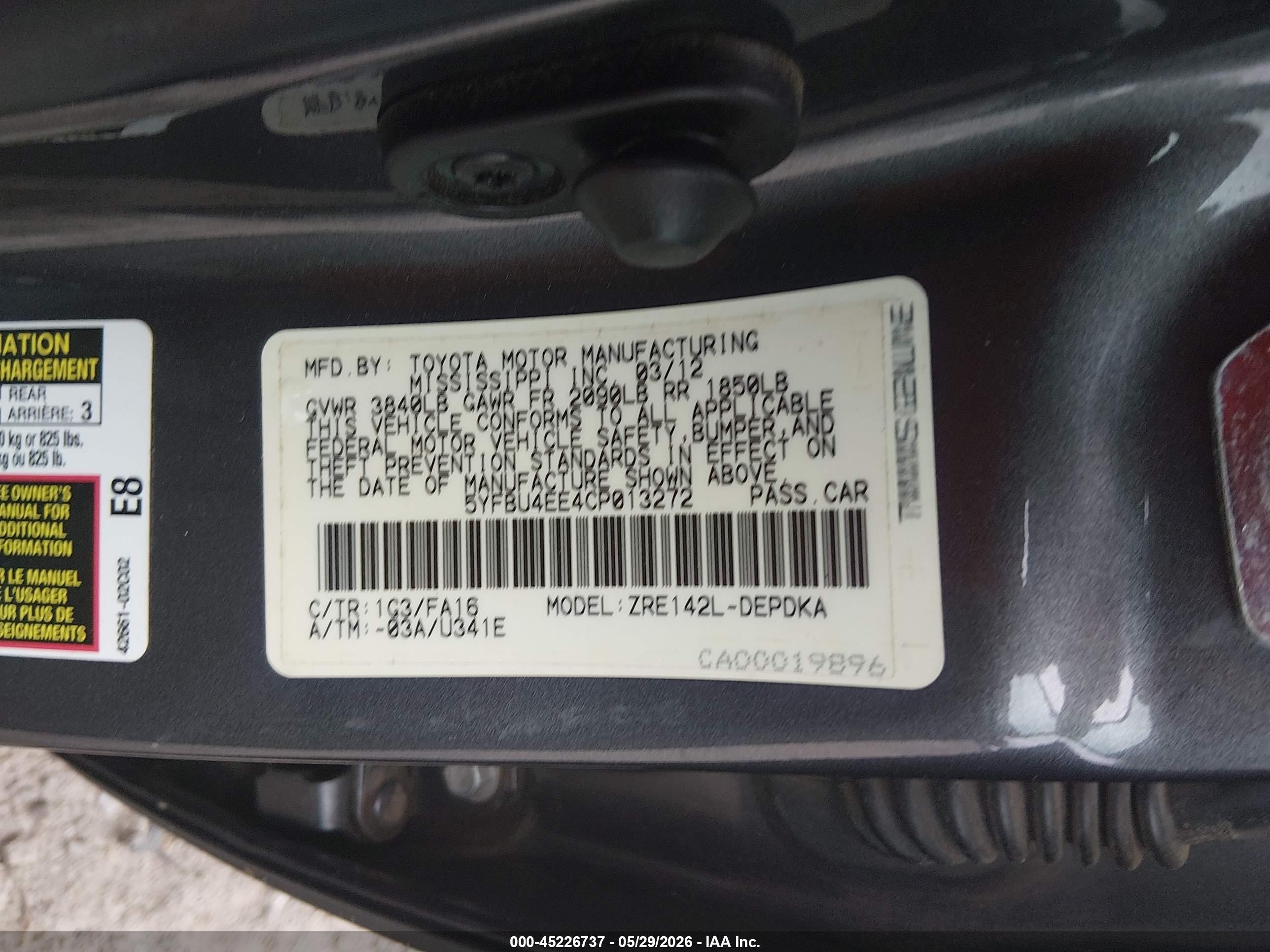 2012 Toyota Corolla L Gray vin: 5YFBU4EE4CP013272