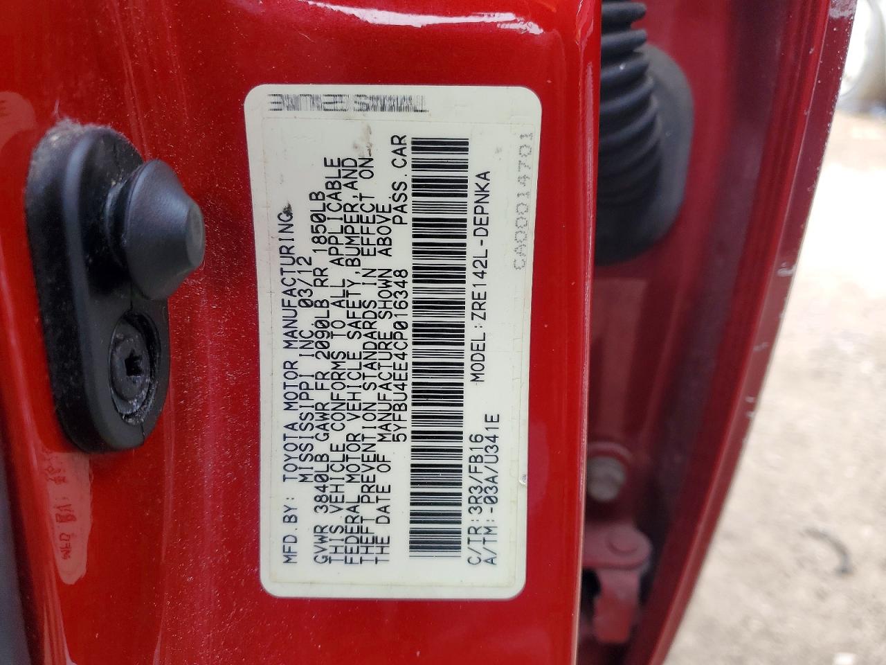 2012 Toyota Corolla Base Red vin: 5YFBU4EE4CP016348