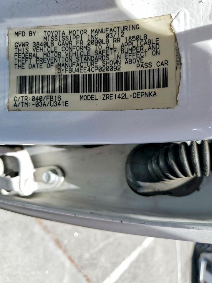 2012 Toyota Corolla Le White vin: 5YFBU4EE4CP020092