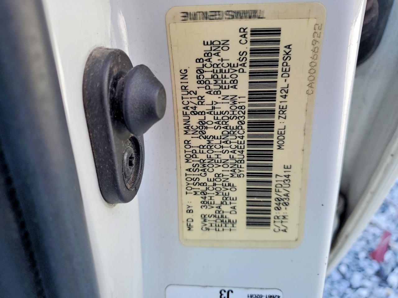2012 Toyota Corolla S White vin: 5YFBU4EE4CP032811