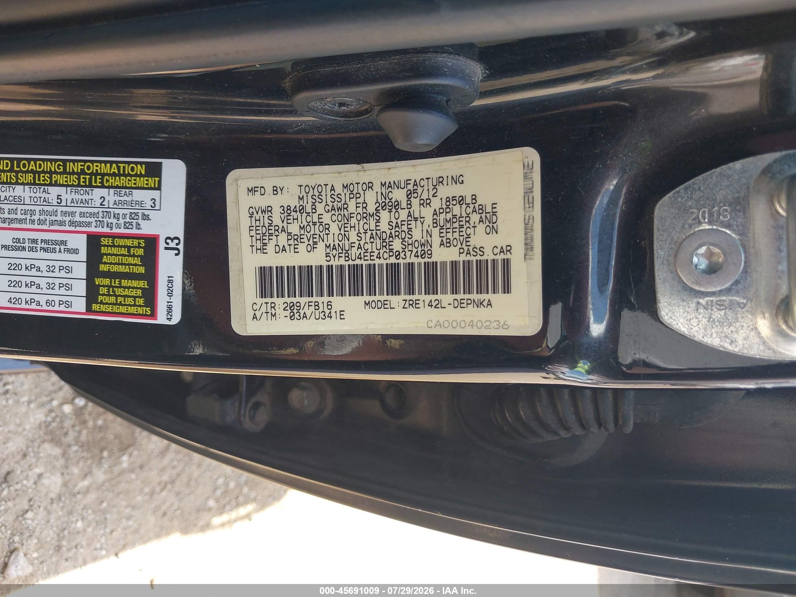 2012 Toyota Corolla Le Black vin: 5YFBU4EE4CP037409