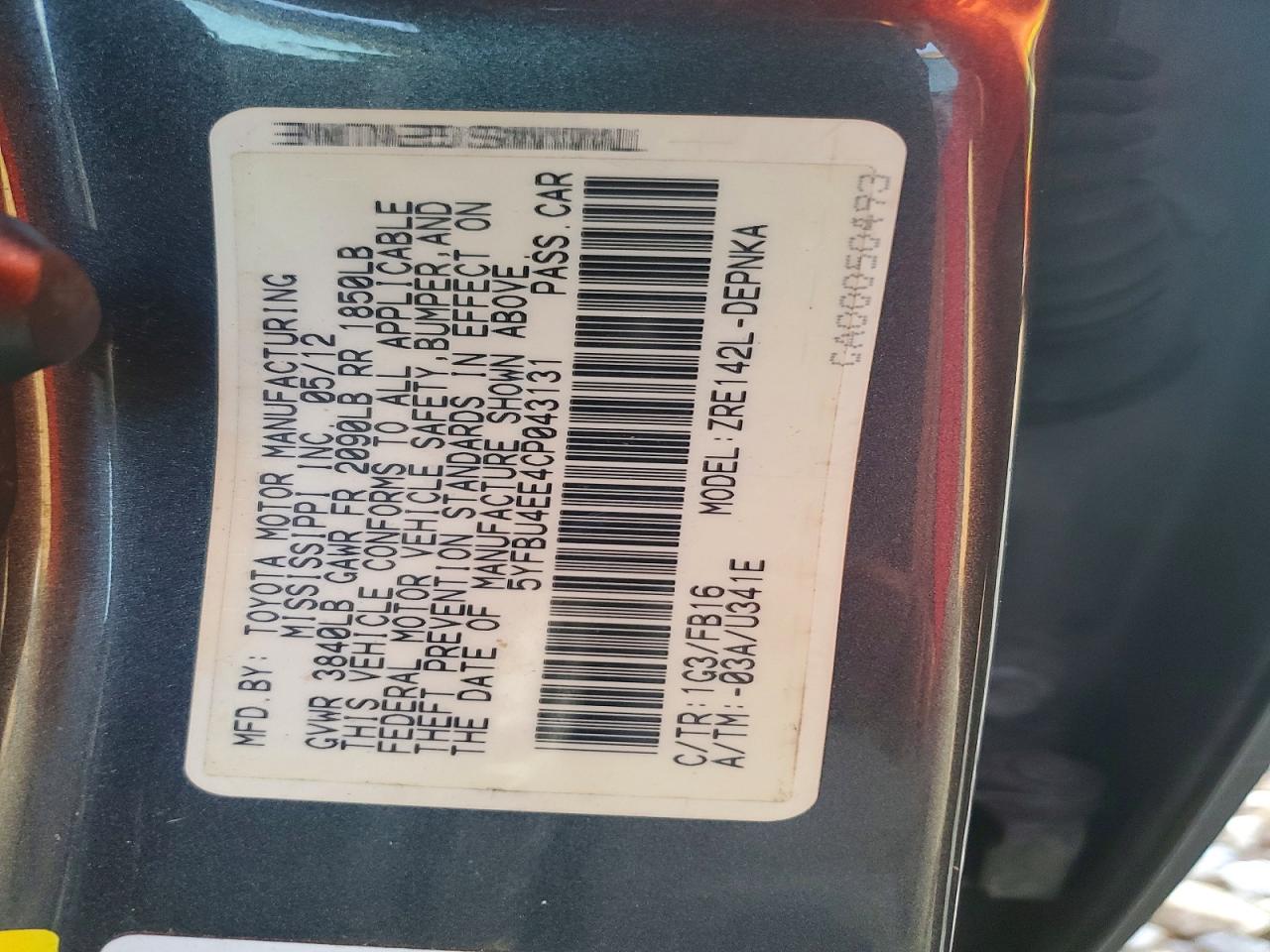 2012 Toyota Corolla Le Gray vin: 5YFBU4EE4CP043131