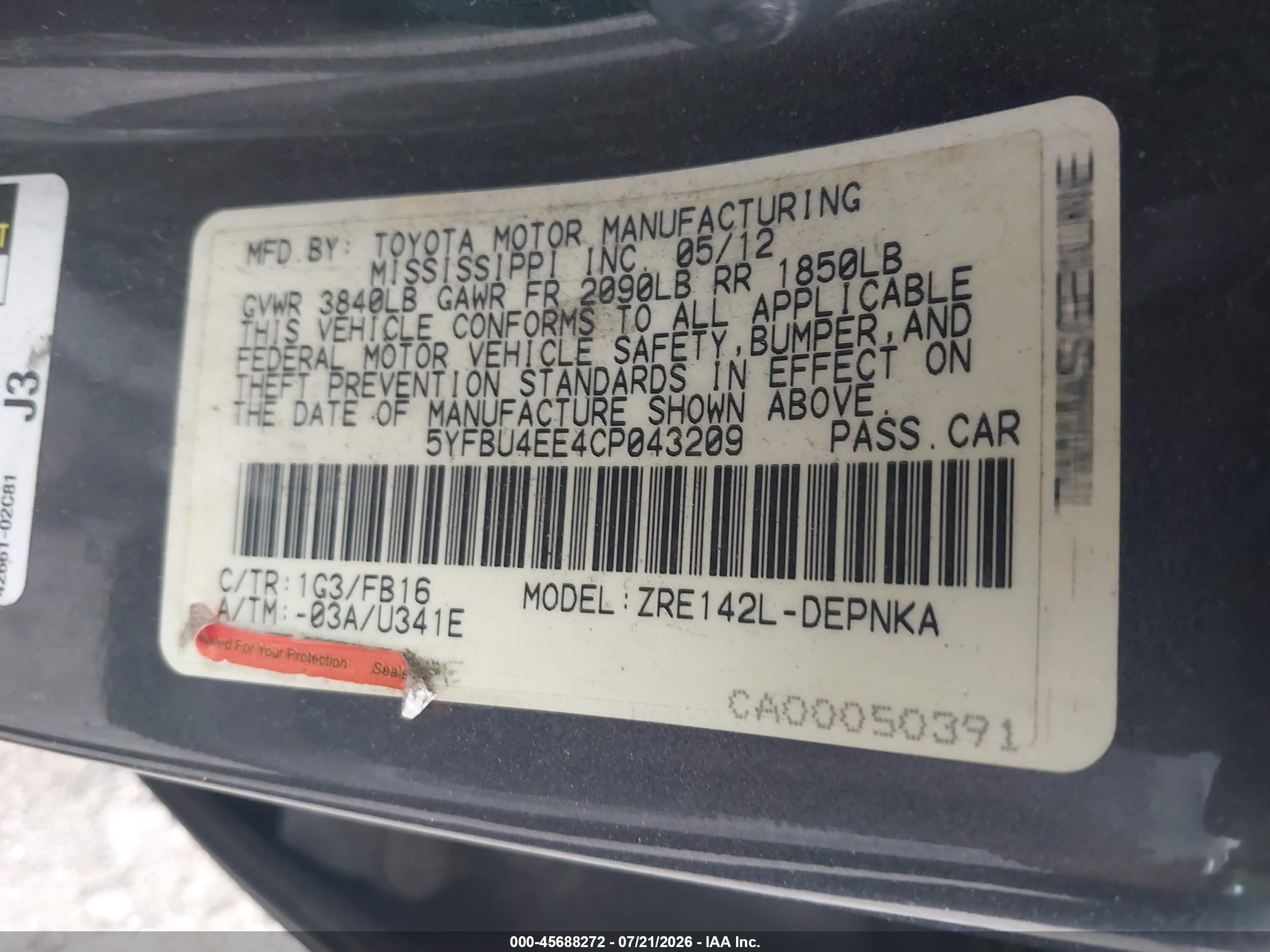 2012 Toyota Corolla Le Gray vin: 5YFBU4EE4CP043209