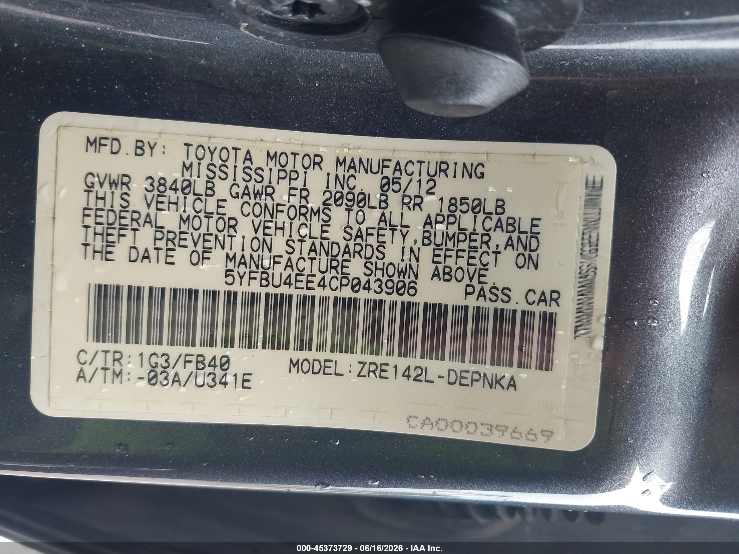 2012 Toyota Corolla Le Gray vin: 5YFBU4EE4CP043906