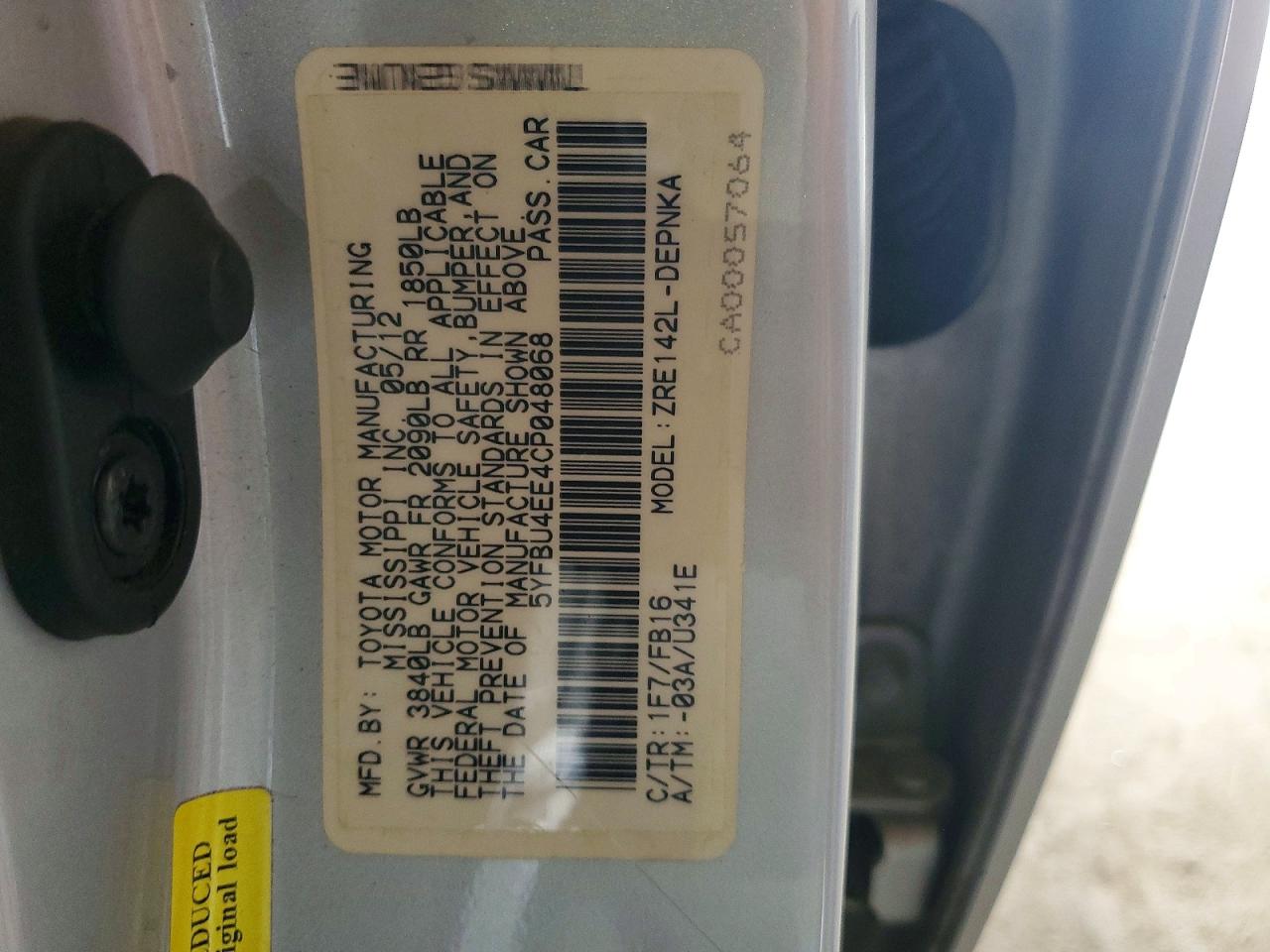 2012 Toyota Corolla Le Silver vin: 5YFBU4EE4CP048068