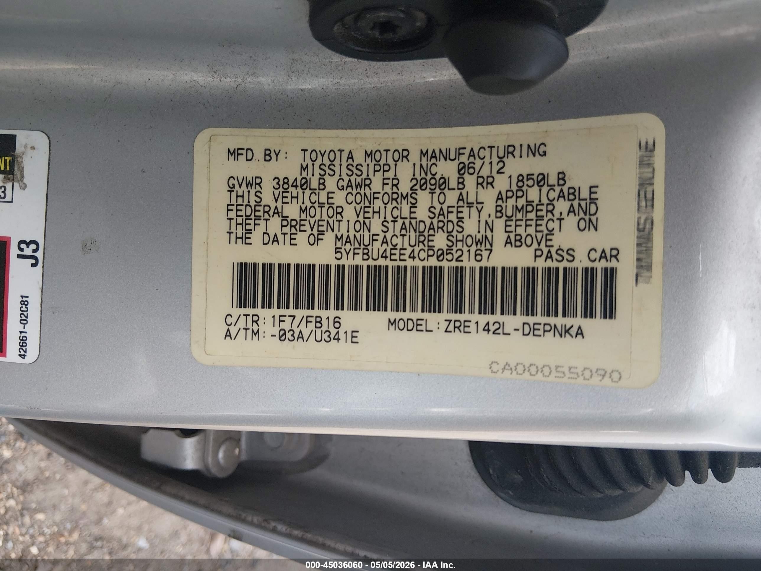 2012 Toyota Corolla Le Silver vin: 5YFBU4EE4CP052167