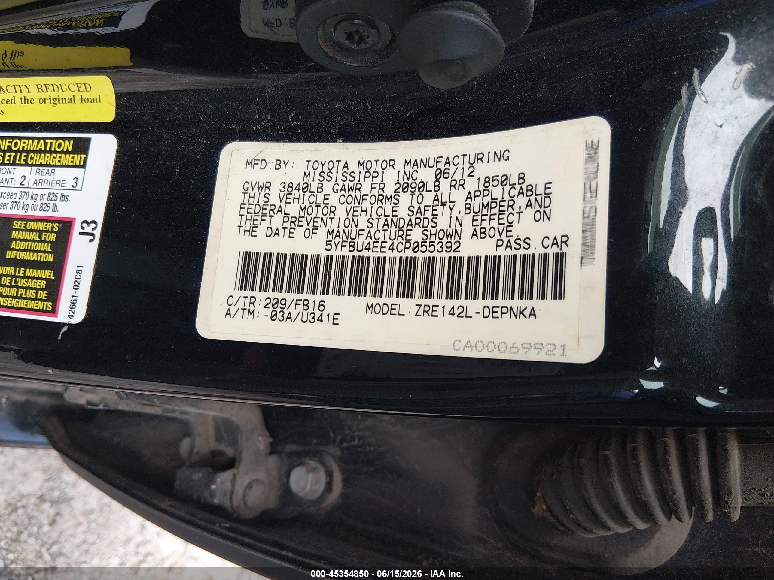 2012 Toyota Corolla Le Black vin: 5YFBU4EE4CP055392