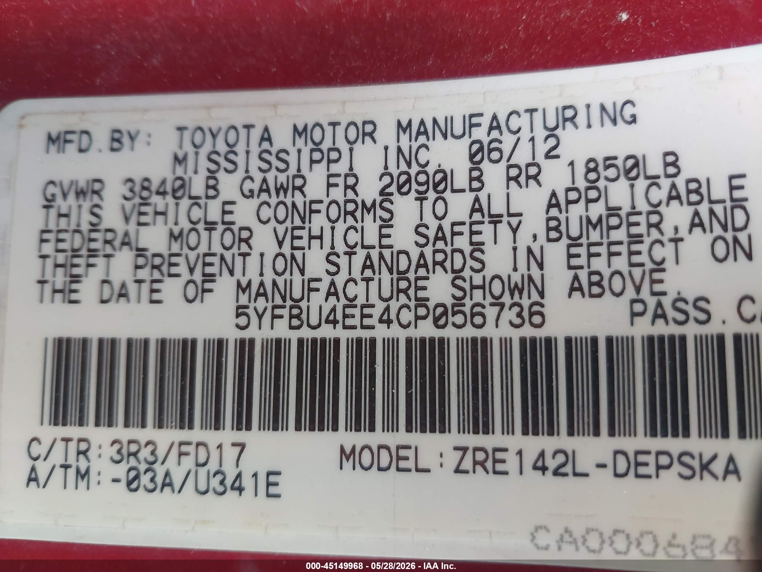 2012 Toyota Corolla S Red vin: 5YFBU4EE4CP056736