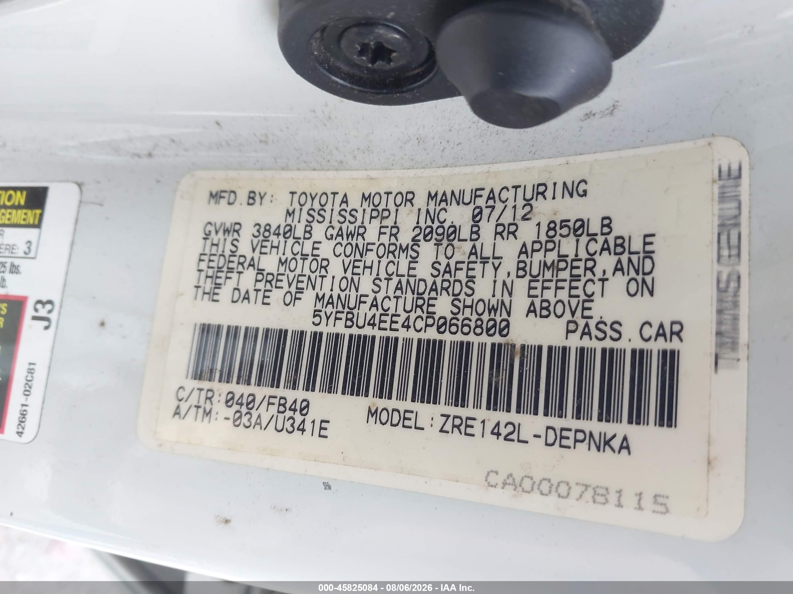 2012 Toyota Corolla Le White vin: 5YFBU4EE4CP066800