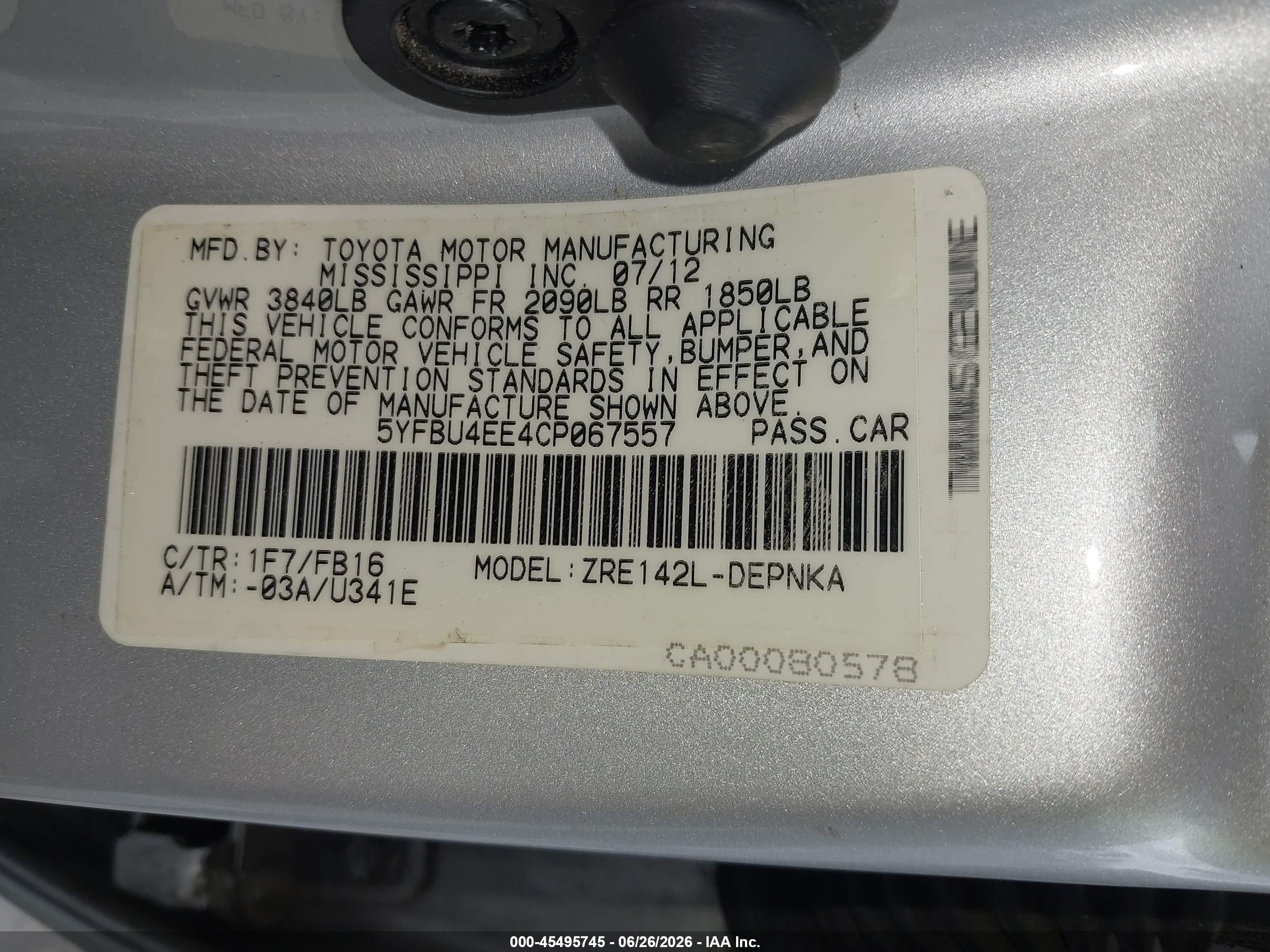 2012 Toyota Corolla Le Silver vin: 5YFBU4EE4CP067557