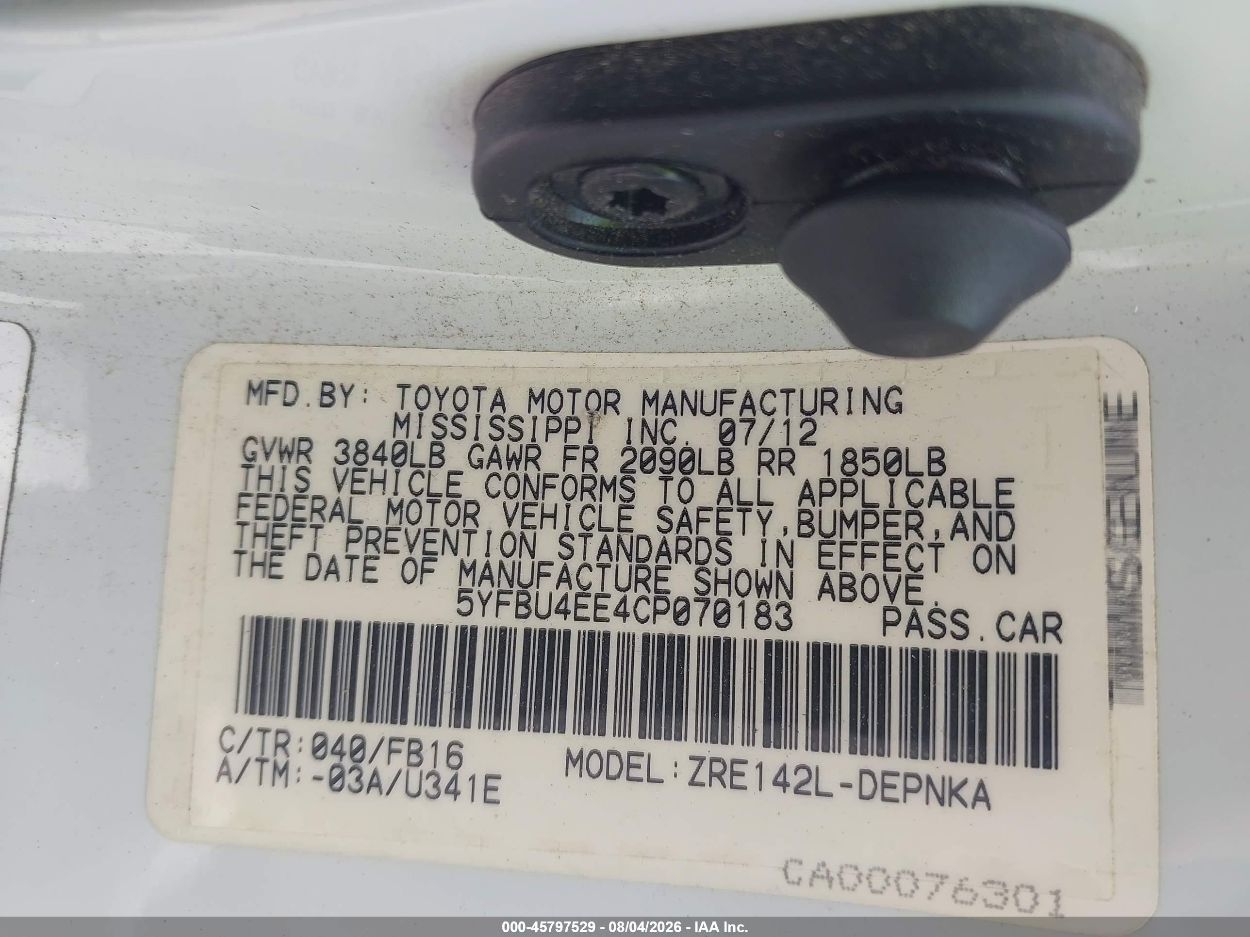 2012 Toyota Corolla Le White vin: 5YFBU4EE4CP070183